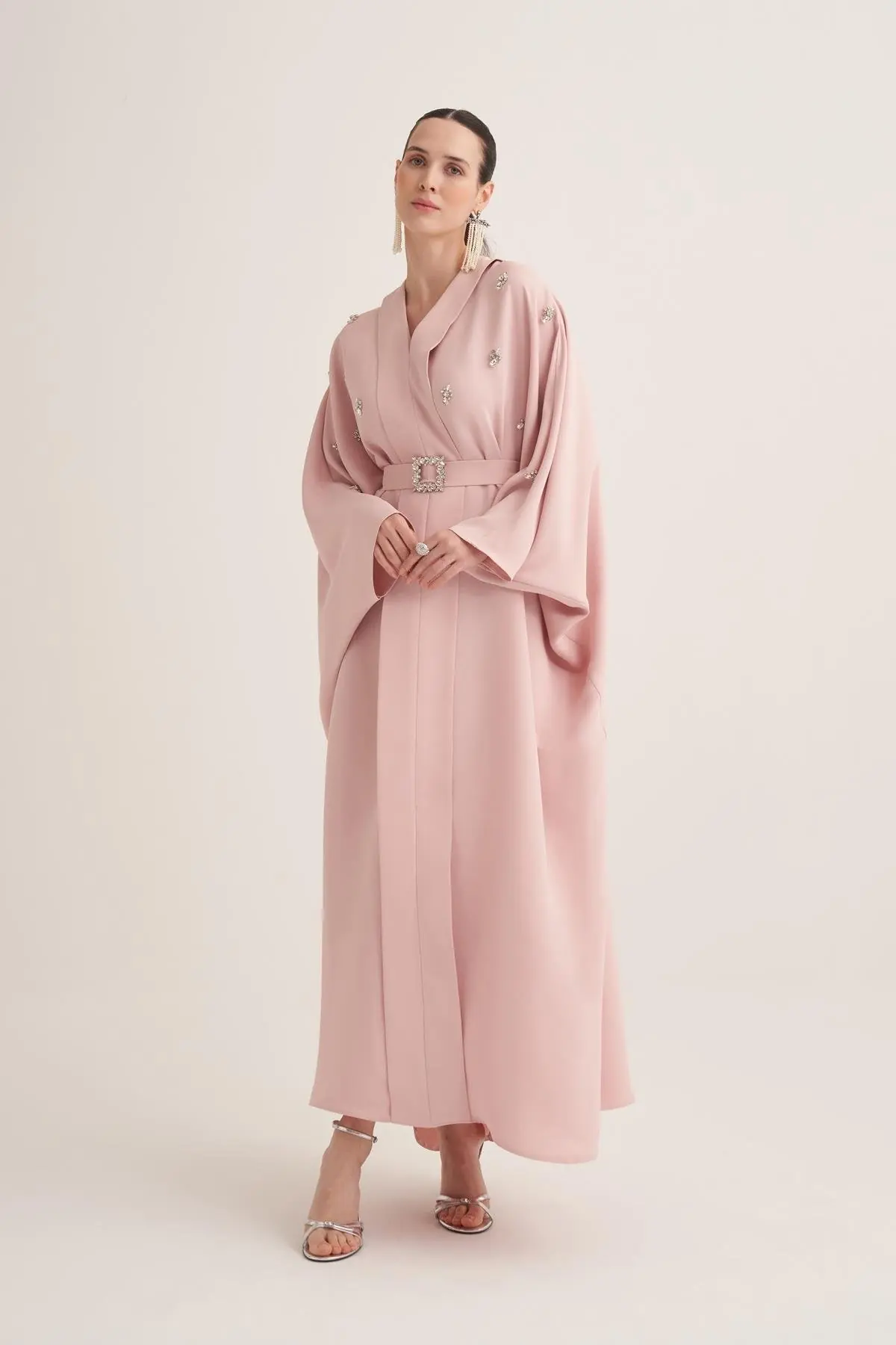 Selena Embellished Belted Evening Kaftan – Powder