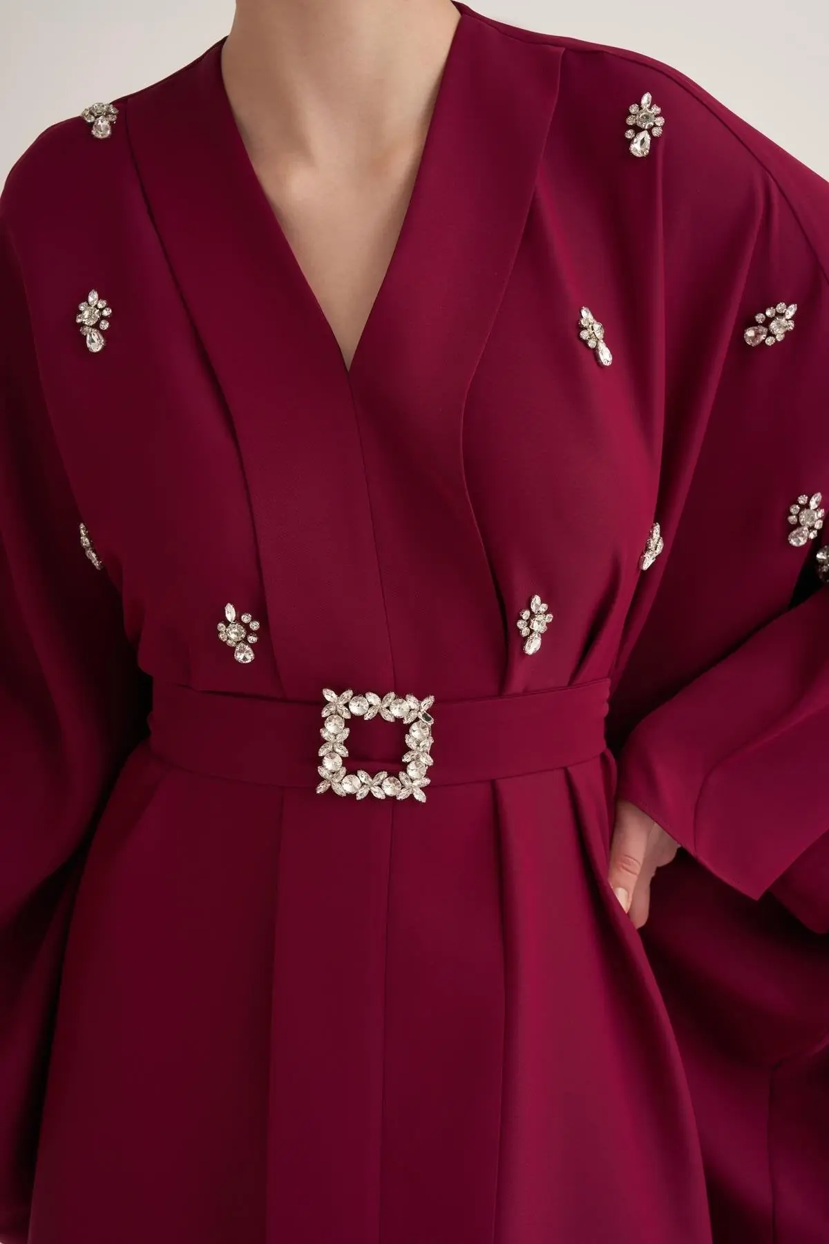 Selena Embellished Belted Evening Kaftan – Cherry, photo 2