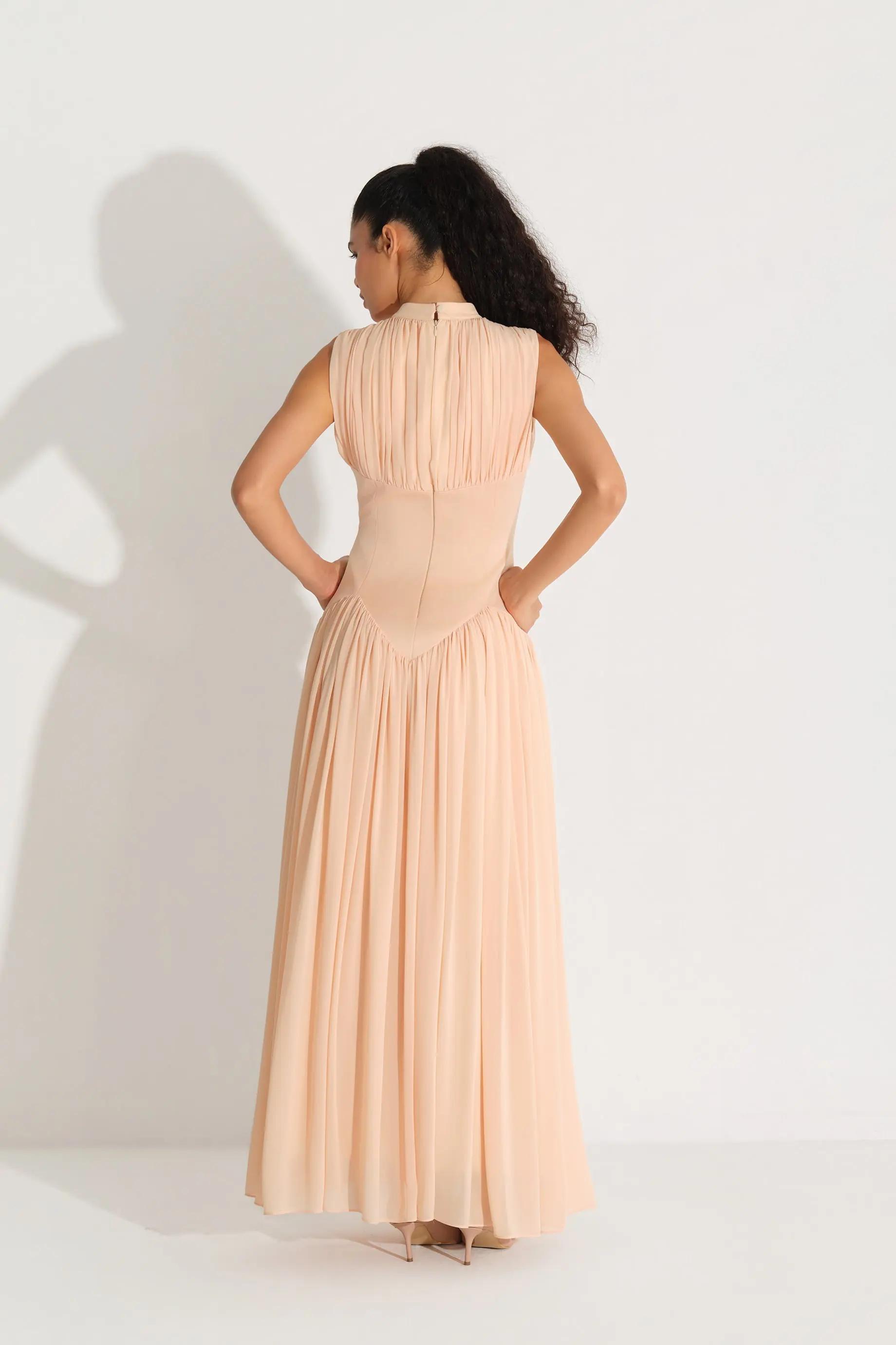 Bow-Neck Corset-Detail Chiffon Dress - Beige, photo 5