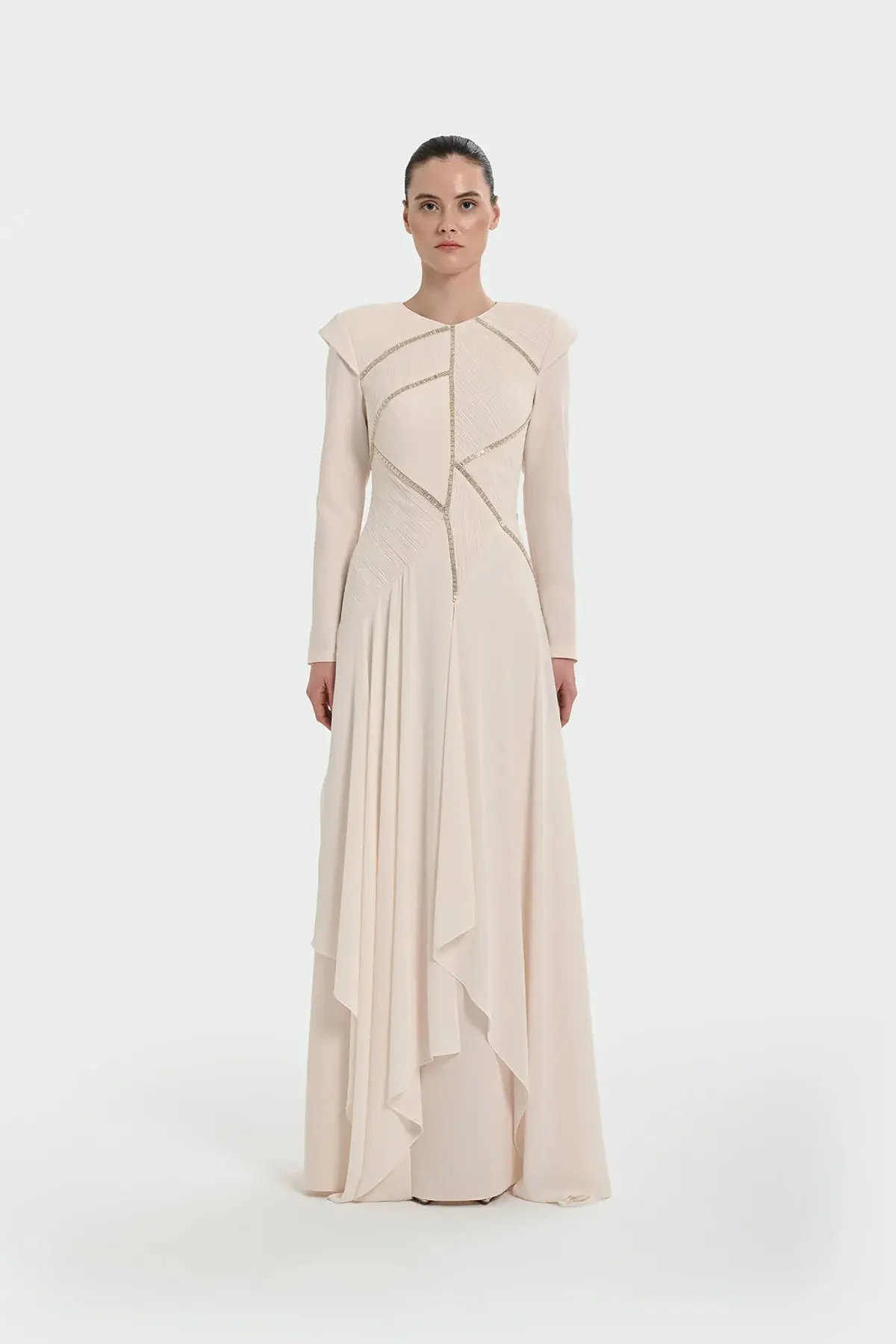 Pleated Evening Dress with Asymmetric Stone Embellishment - Cream