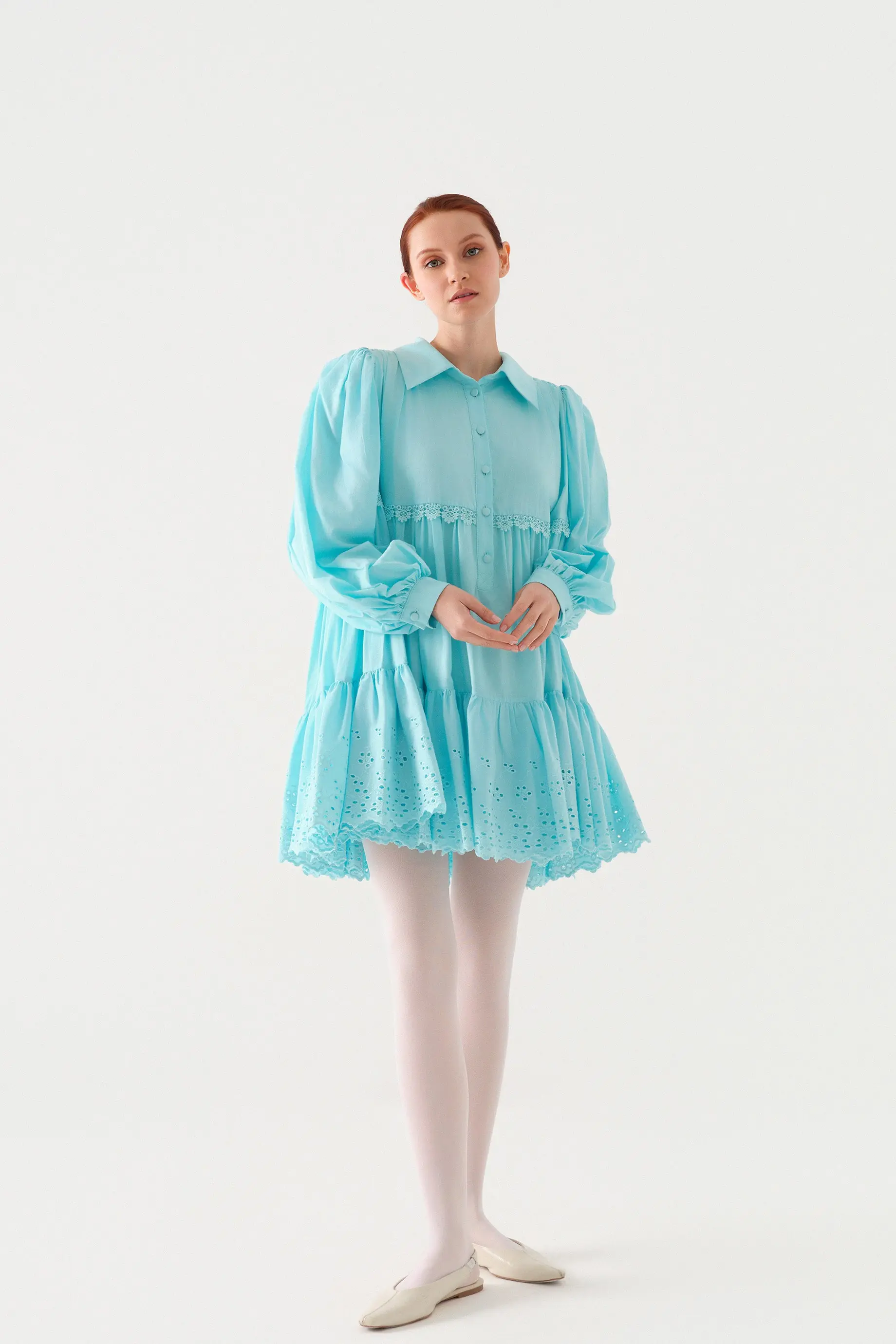 Layered Lace-Trim Cotton Poplin Tunic – Blue, photo 2