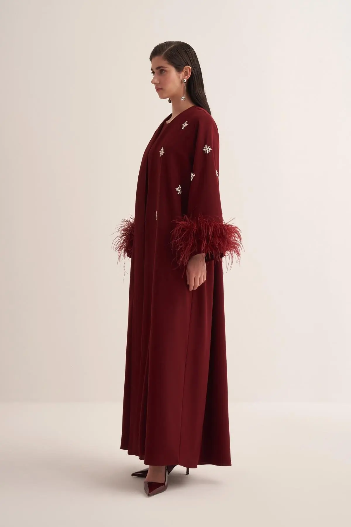 Elissa Feathered Crystal Embellished Abaya – Burgundy, photo 2