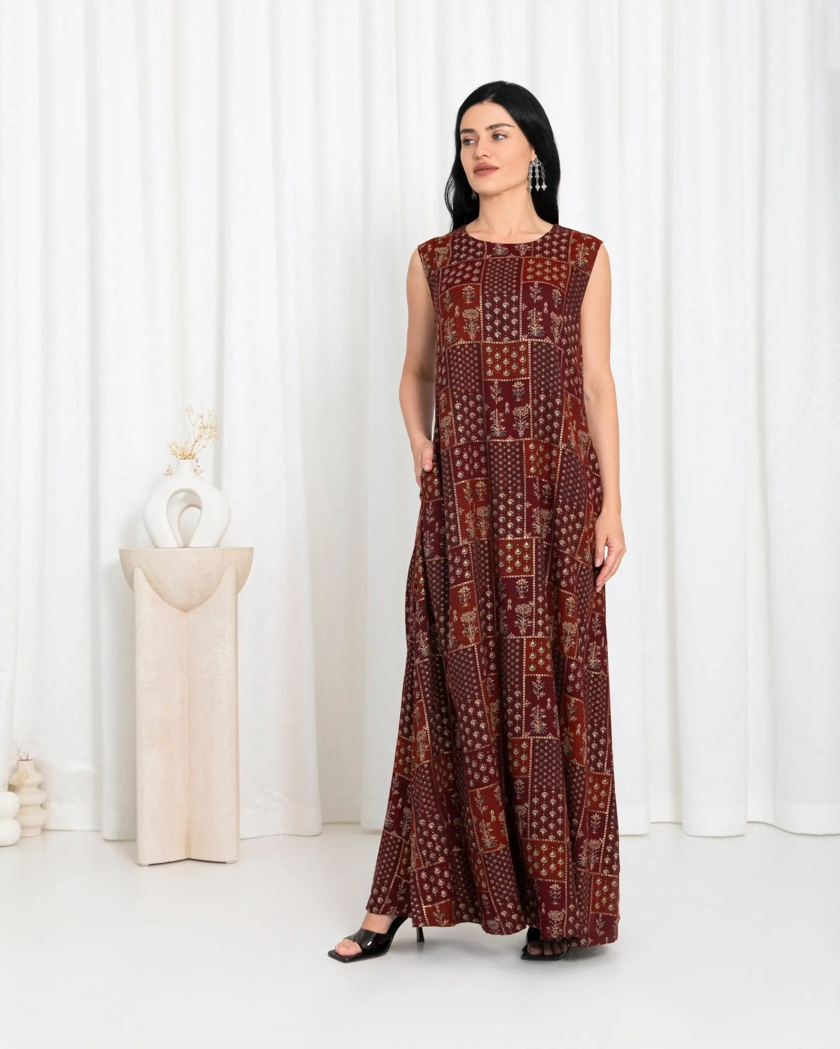 Maroon Floral Check Dress