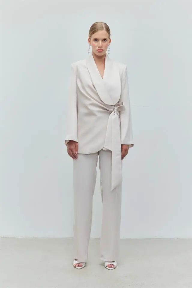 White Aura Satin Belted Set – White