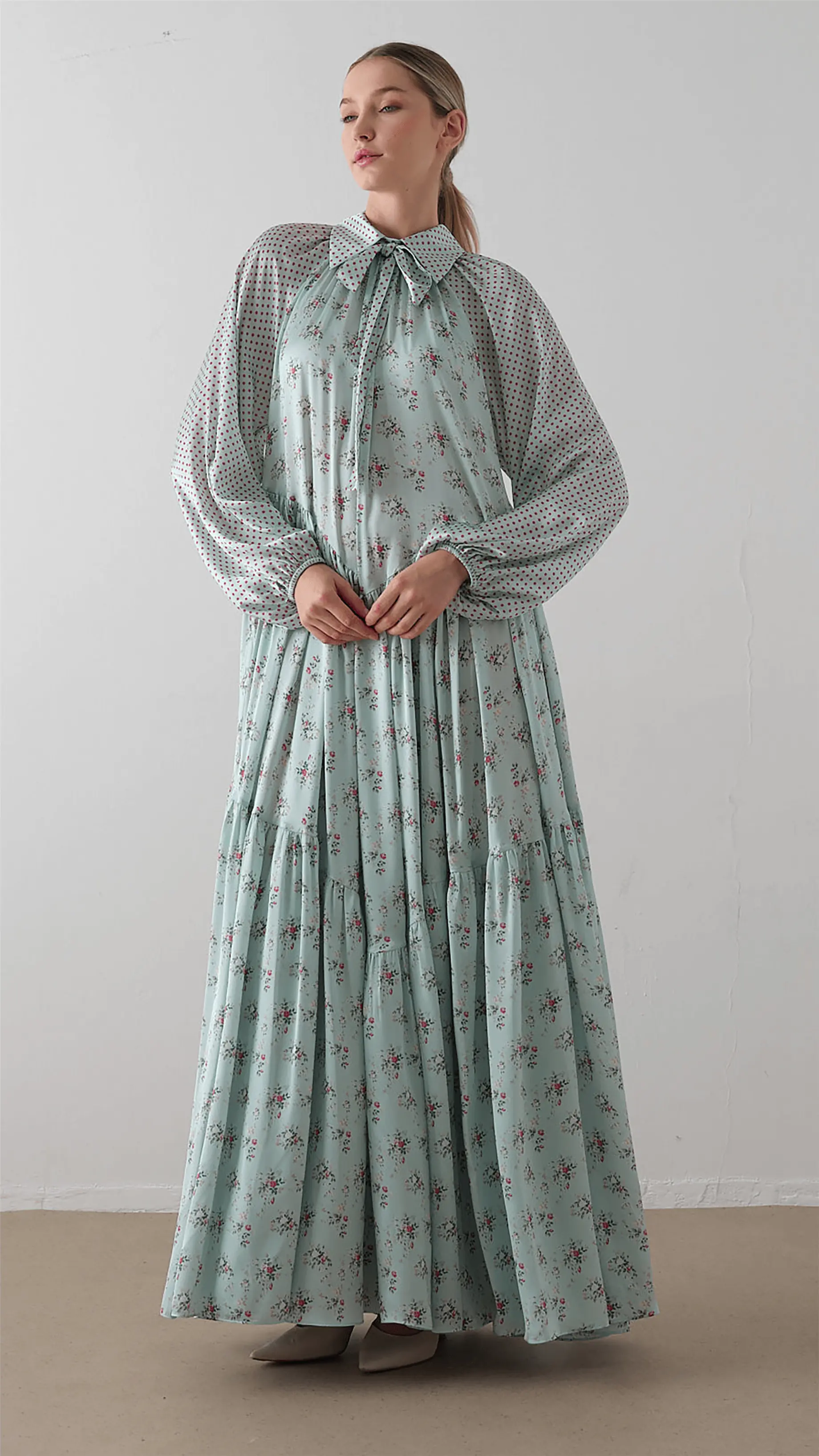 PUANTİYE DESENLİ ŞİFON SATEN ELBİSE Mint, photo 4