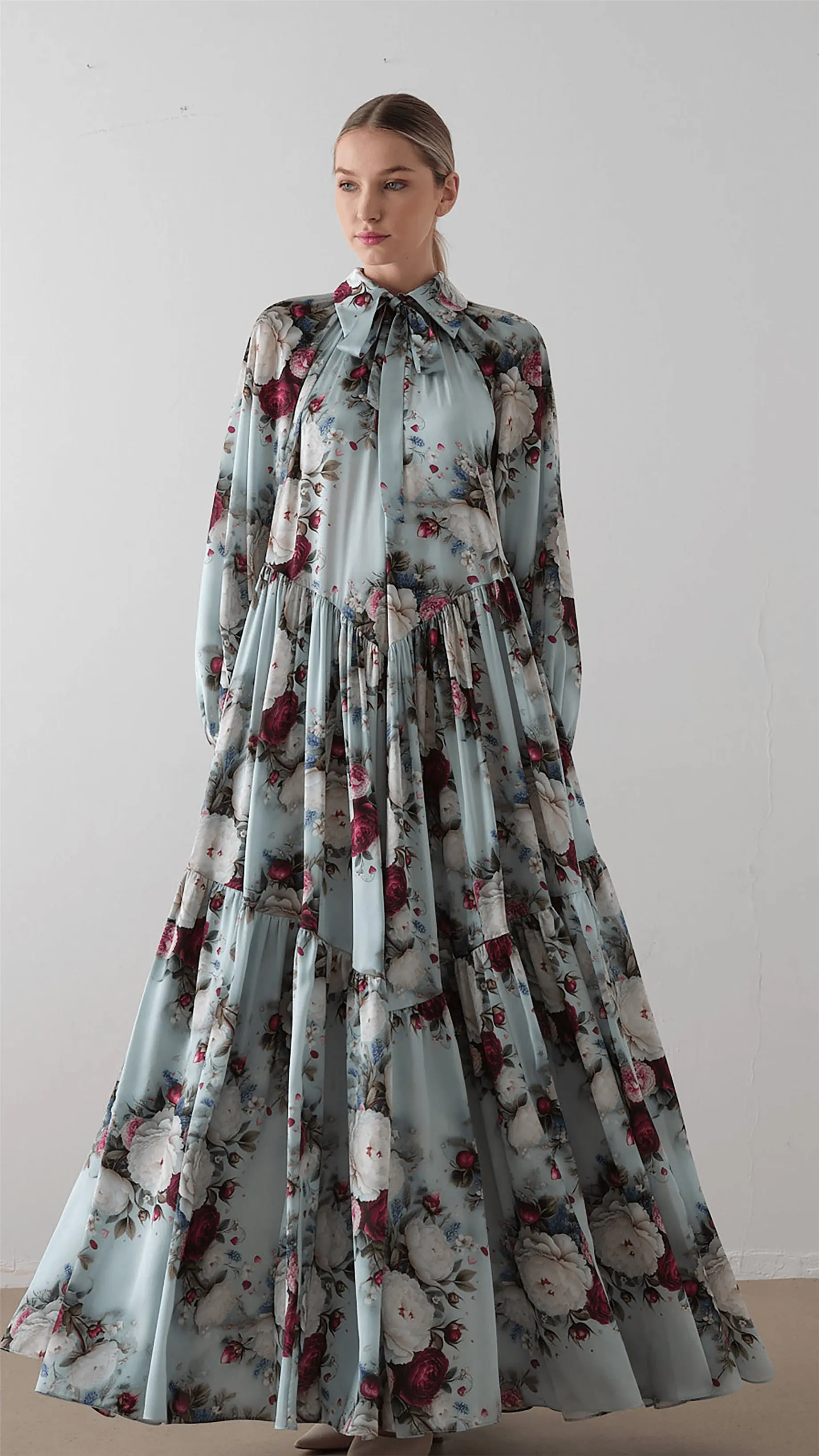 Bow Neck Chiffon Satin Dress – Forest Green, photo 3