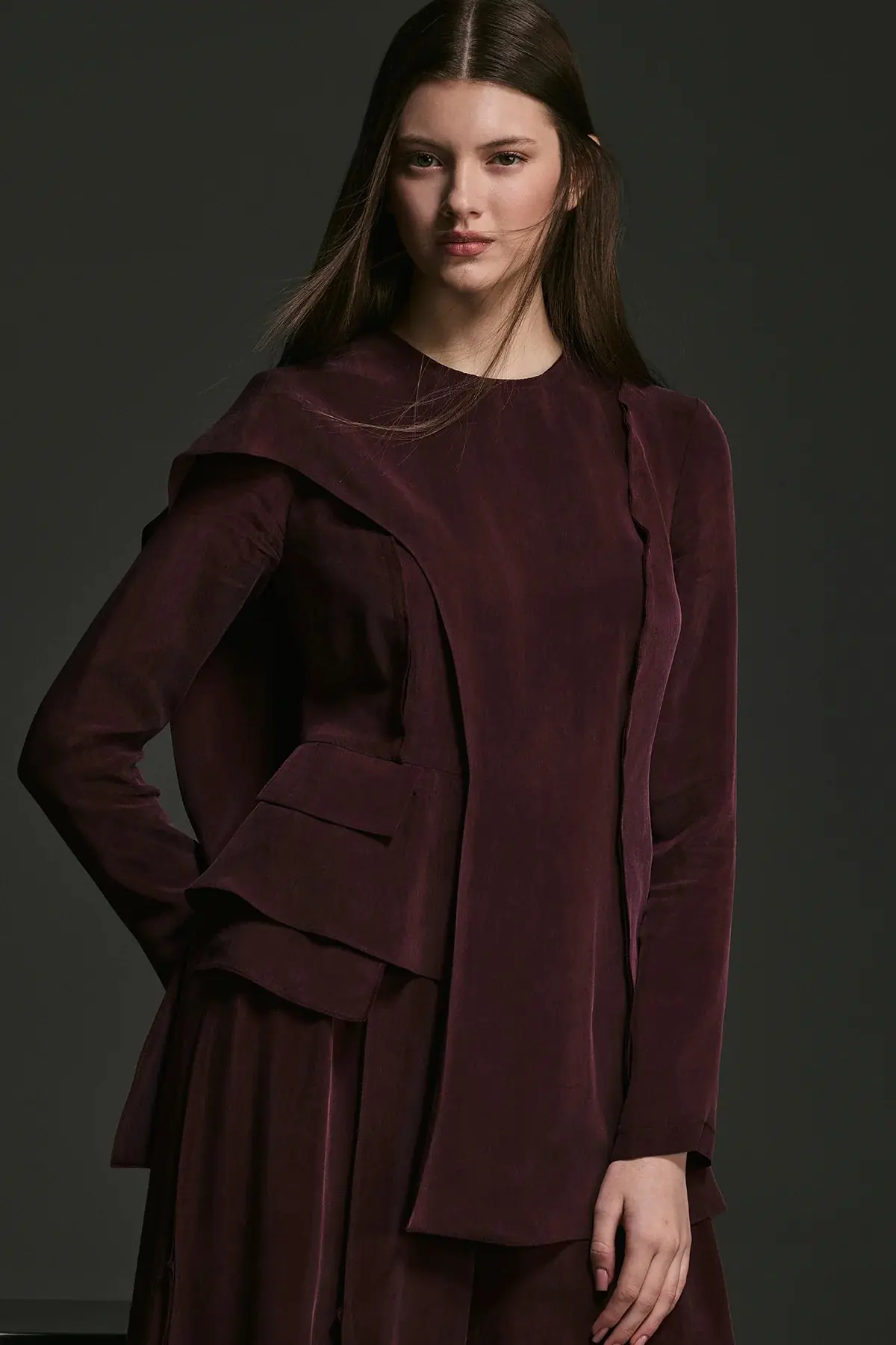 Asymmetric Draped Blouse & Wide-Leg Trouser Set - Burgundy, photo 7