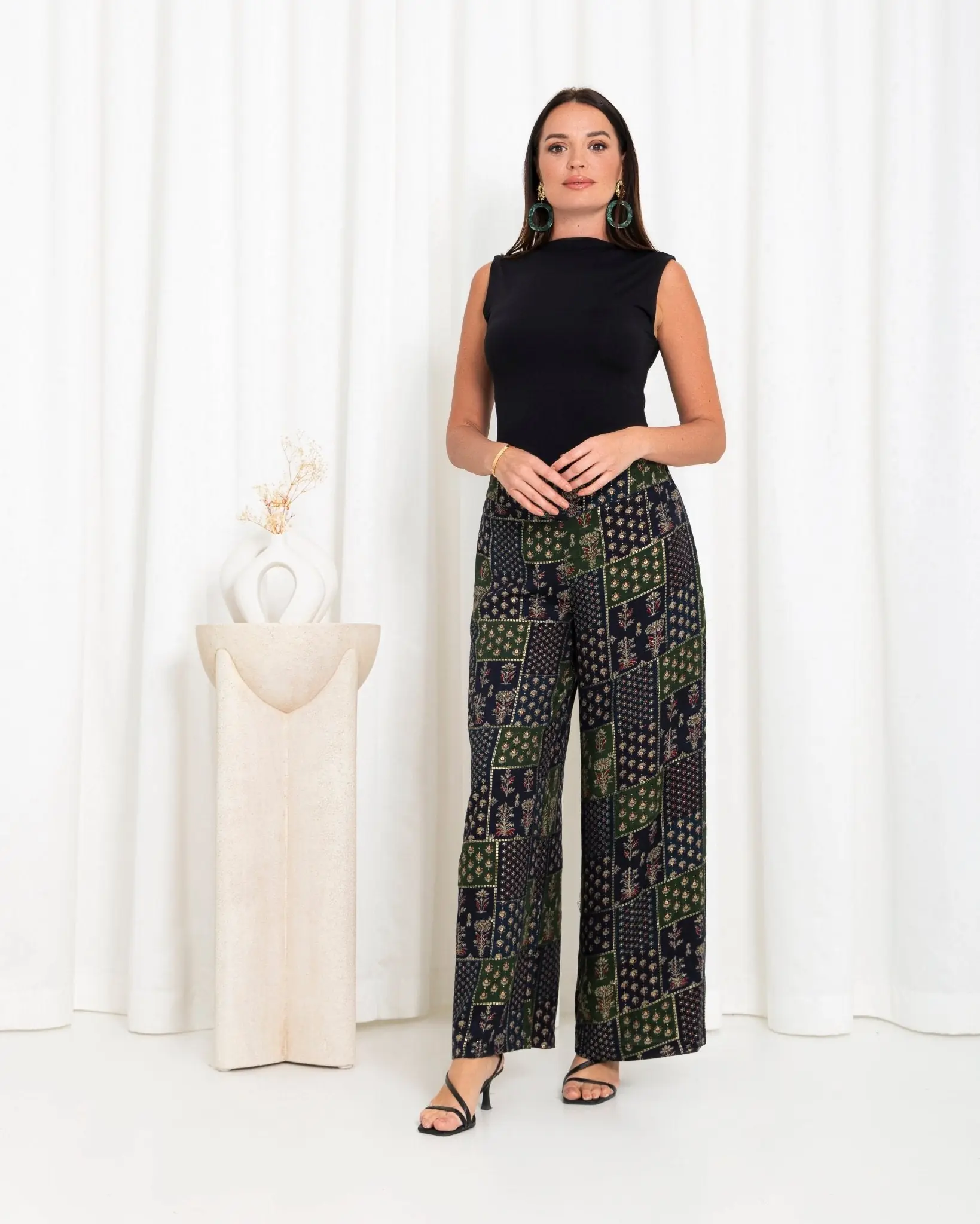 Green Floral Check Pants