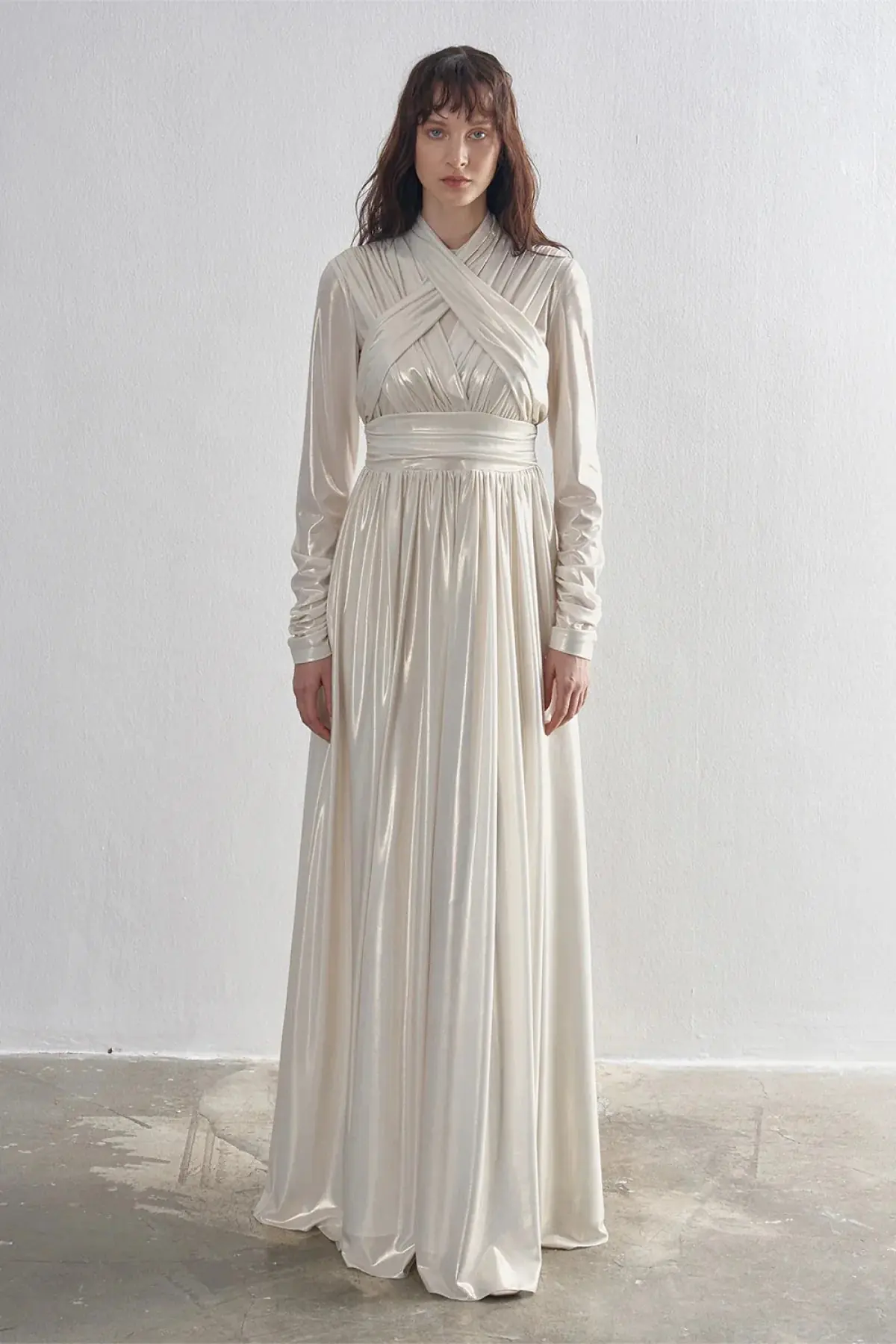 Draped Cross-Band Evening Gown – Ecru