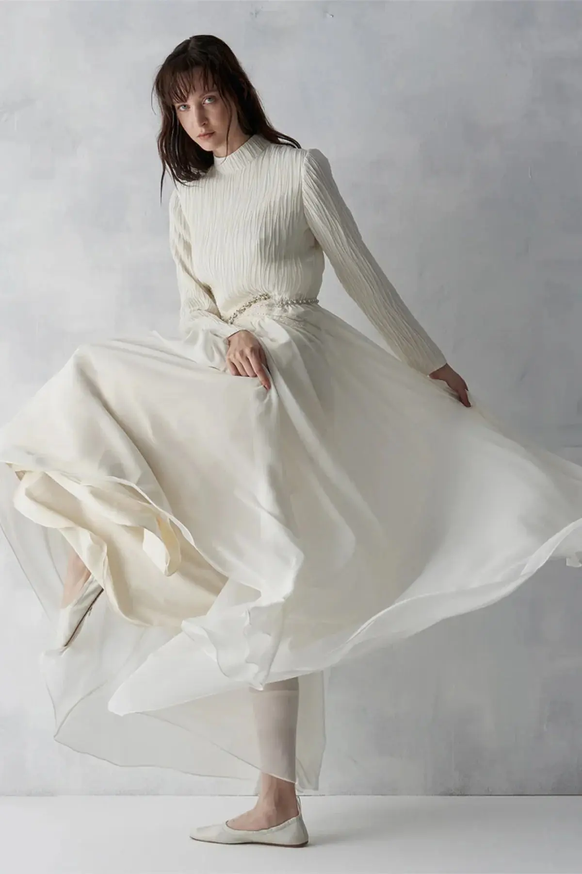 Pleated Bodice Embellished Evening Gown – Cream, photo 4