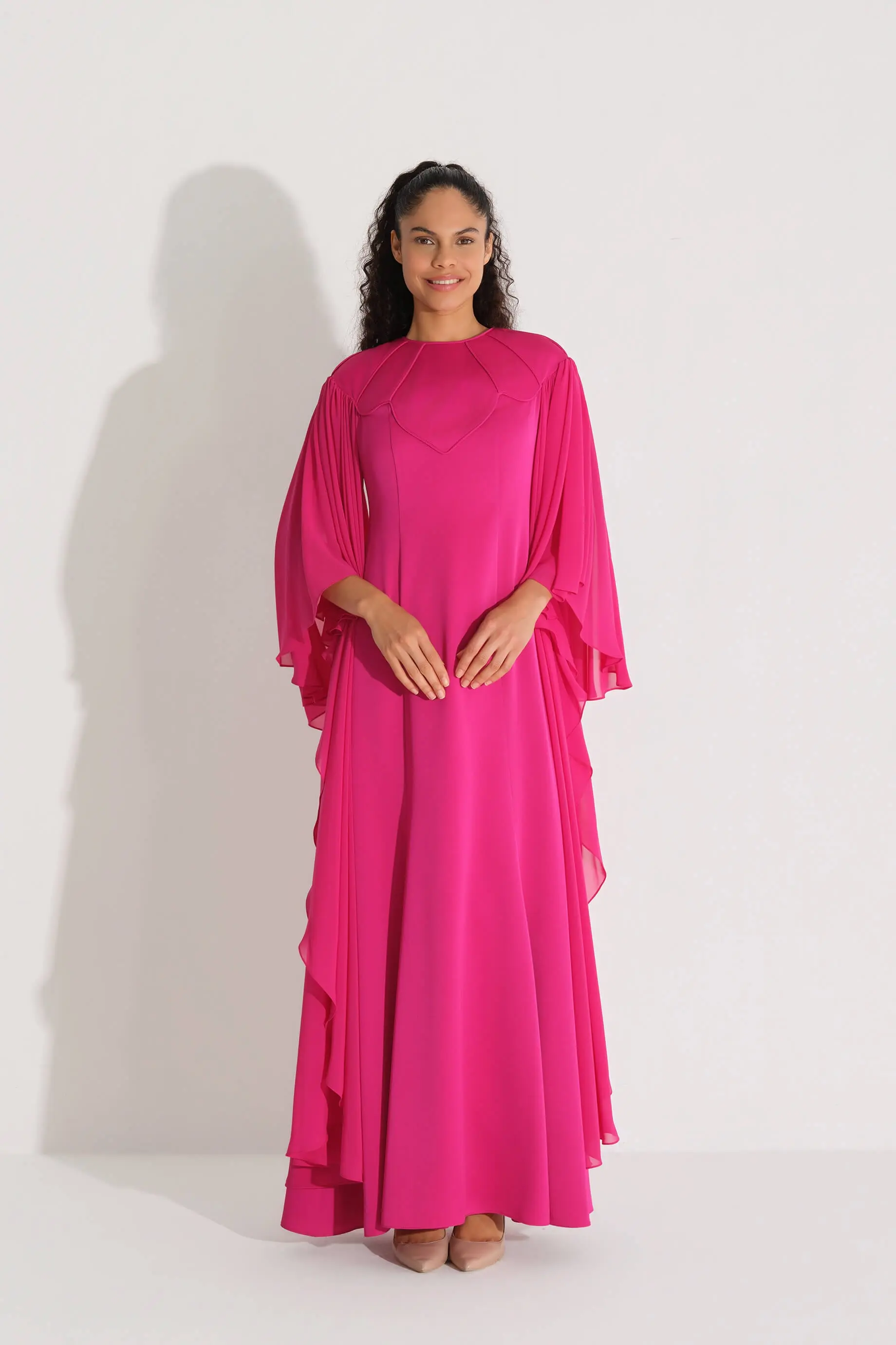 Piped Detail Chiffon Dress – Fuchsia, photo 2