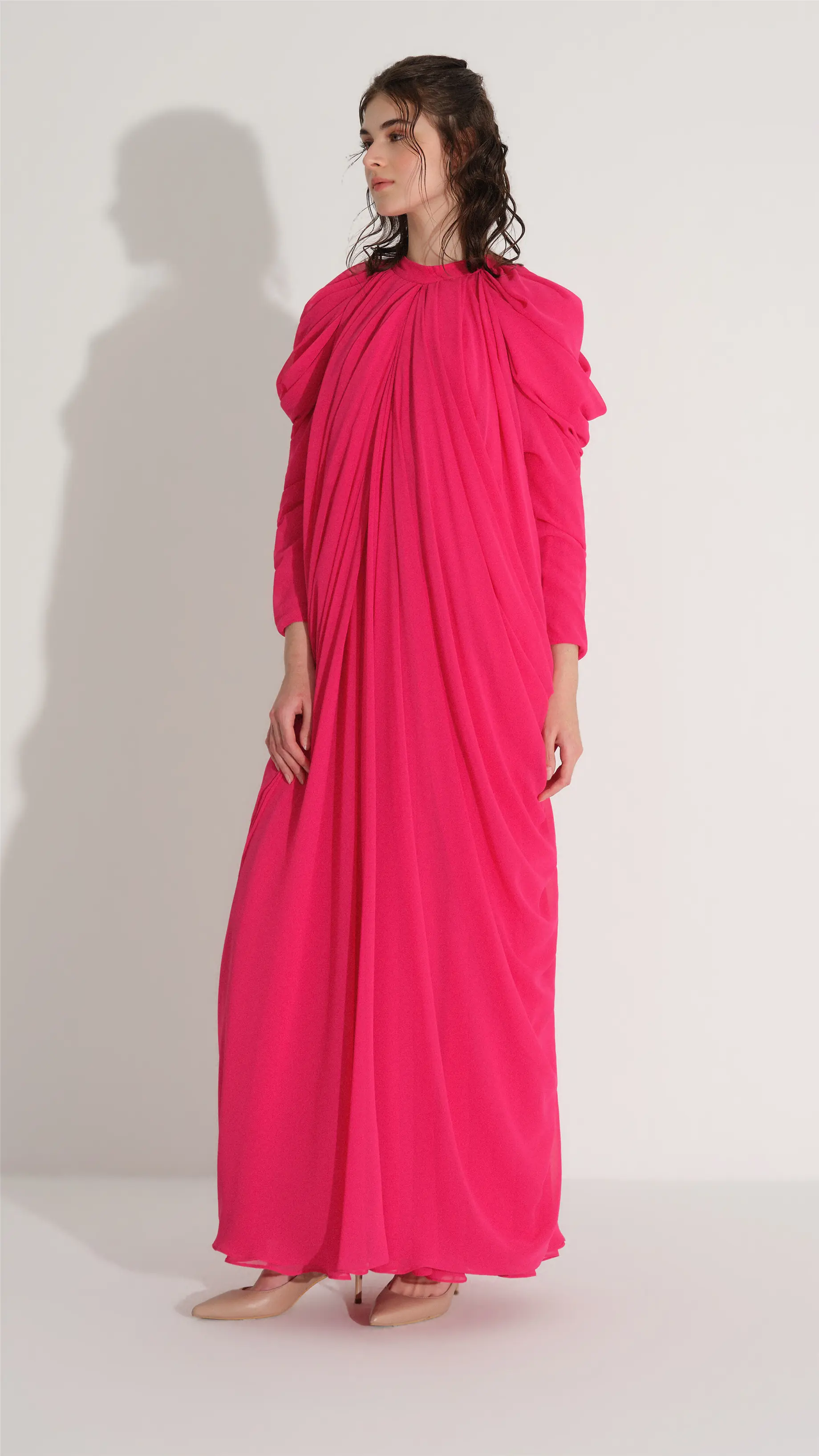 Gathered Side & Sleeve Detail Chiffon Dress – Fuchsia, photo 4
