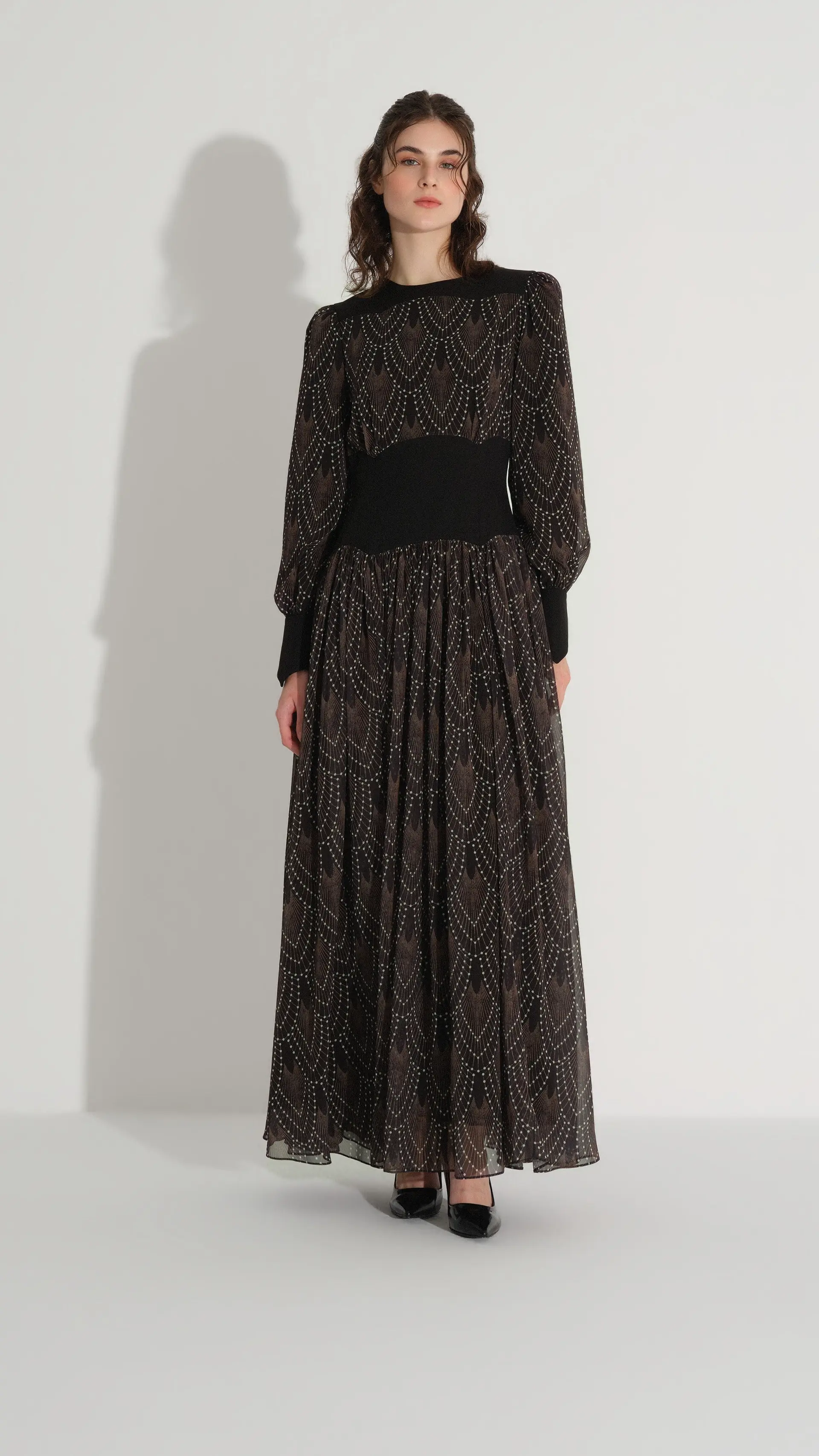 Corset-Effect Printed Chiffon Dress – Black