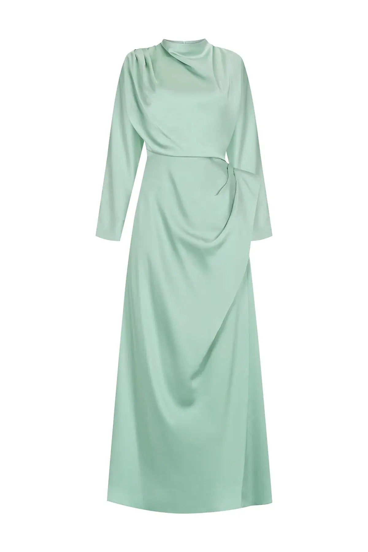 Asymmetric Draped High-Neck Satin Long Evening Dress - Mint