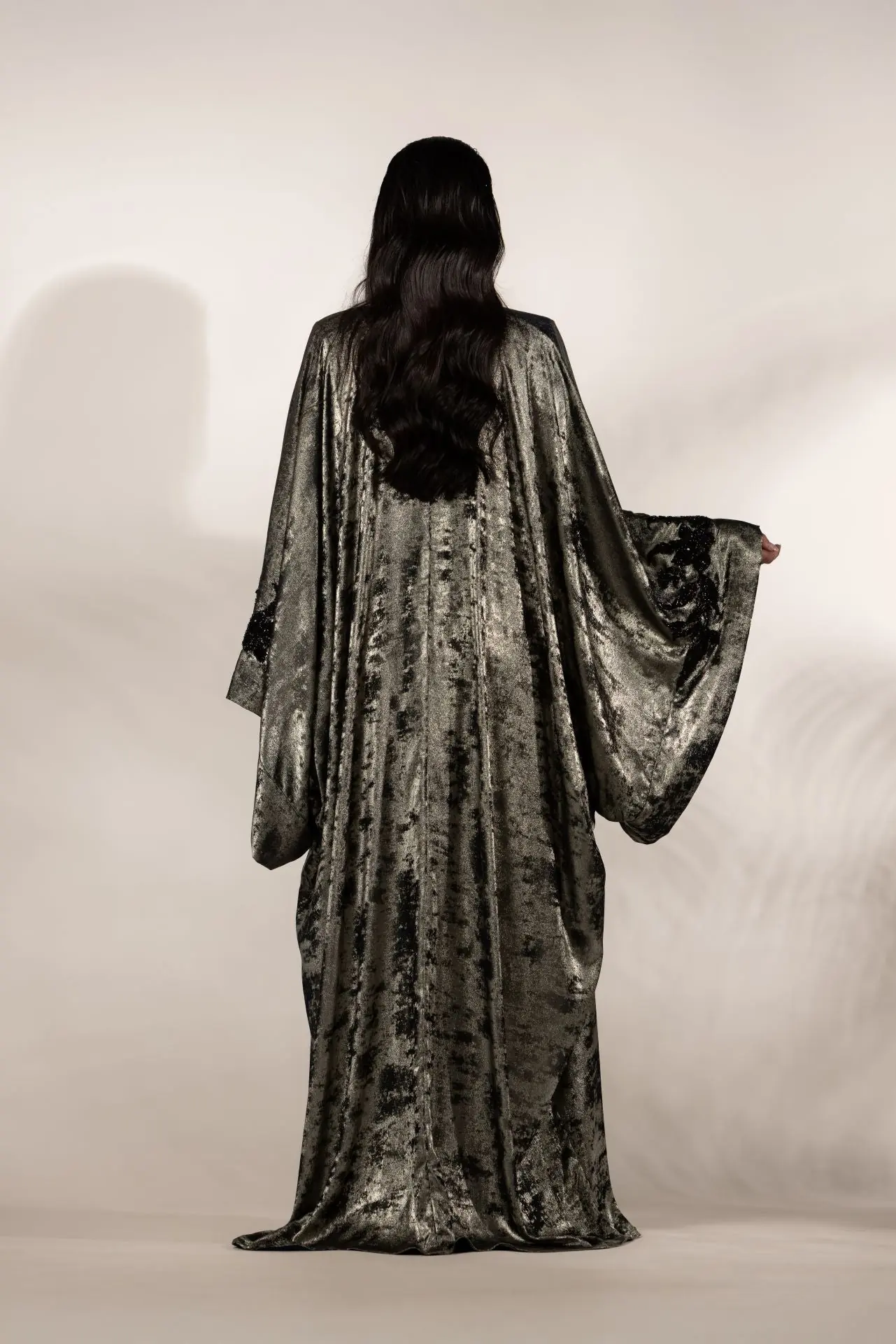 Infinity Silk Embellished Abaya – Metallic Gray, photo 7