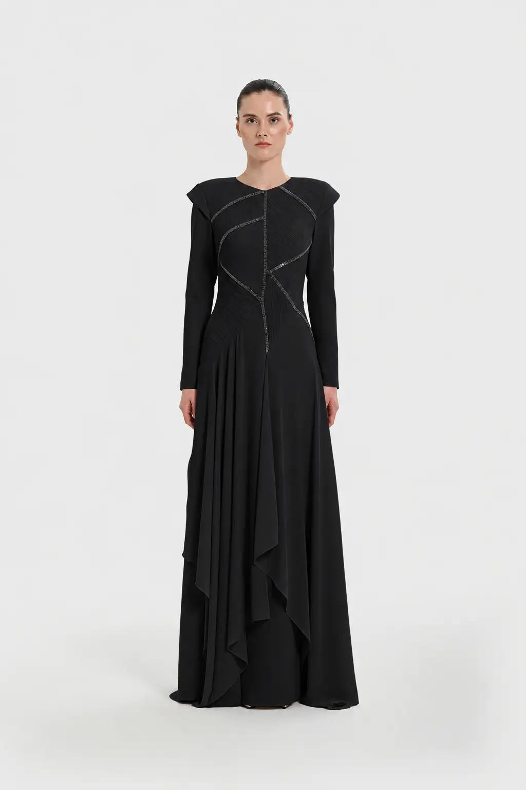 Pleated Evening Dress with Asymmetric Stone Embellishment - Black