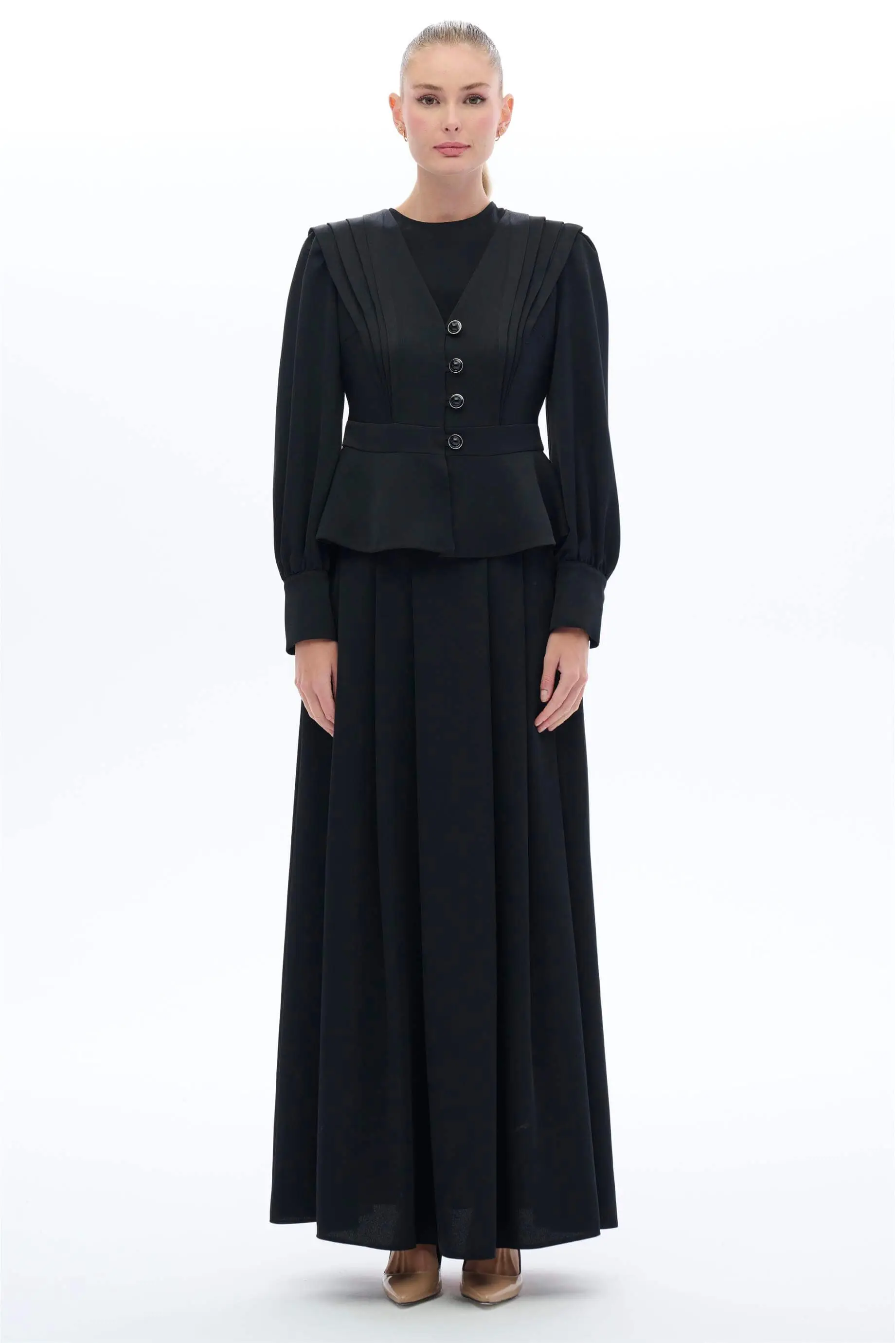 Vintage-Inspired Pleated Skirt & Blouse Set – Black