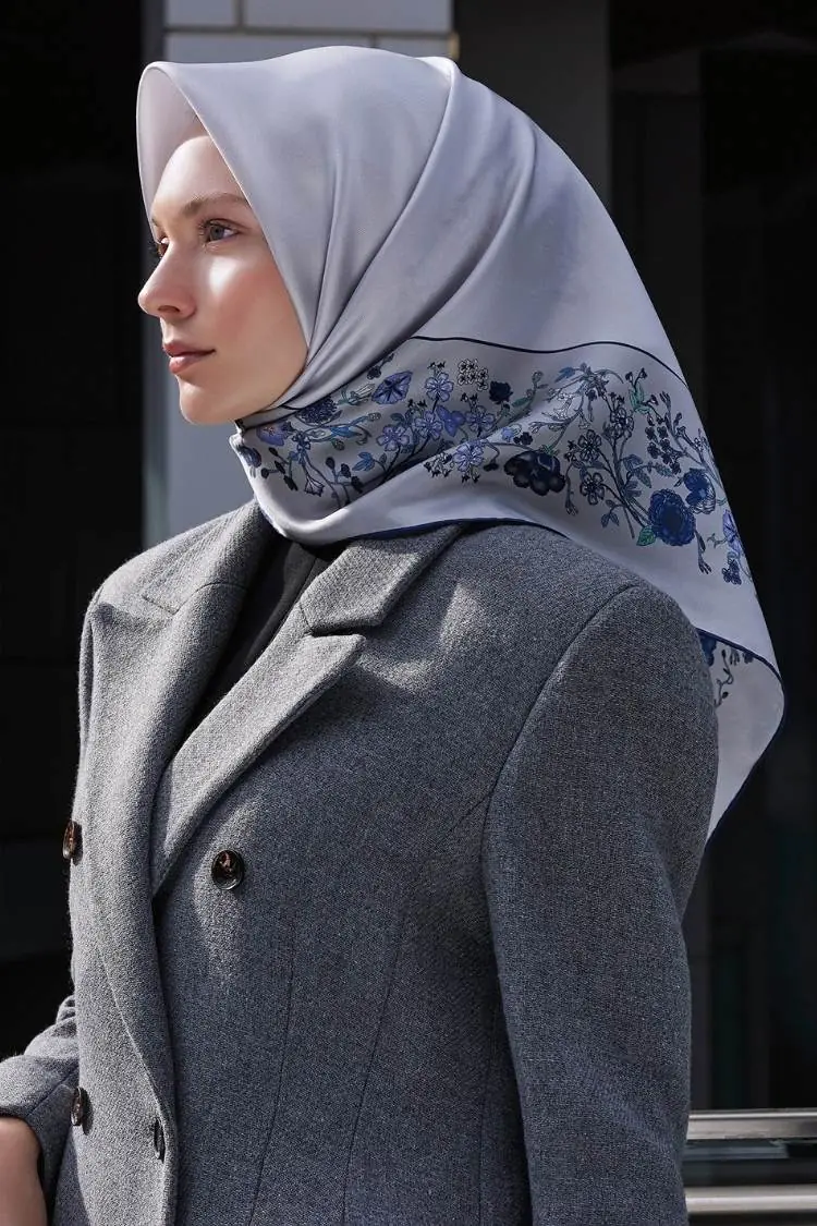 Floral Border Print Twill Silk Scarf - Gray, photo 2