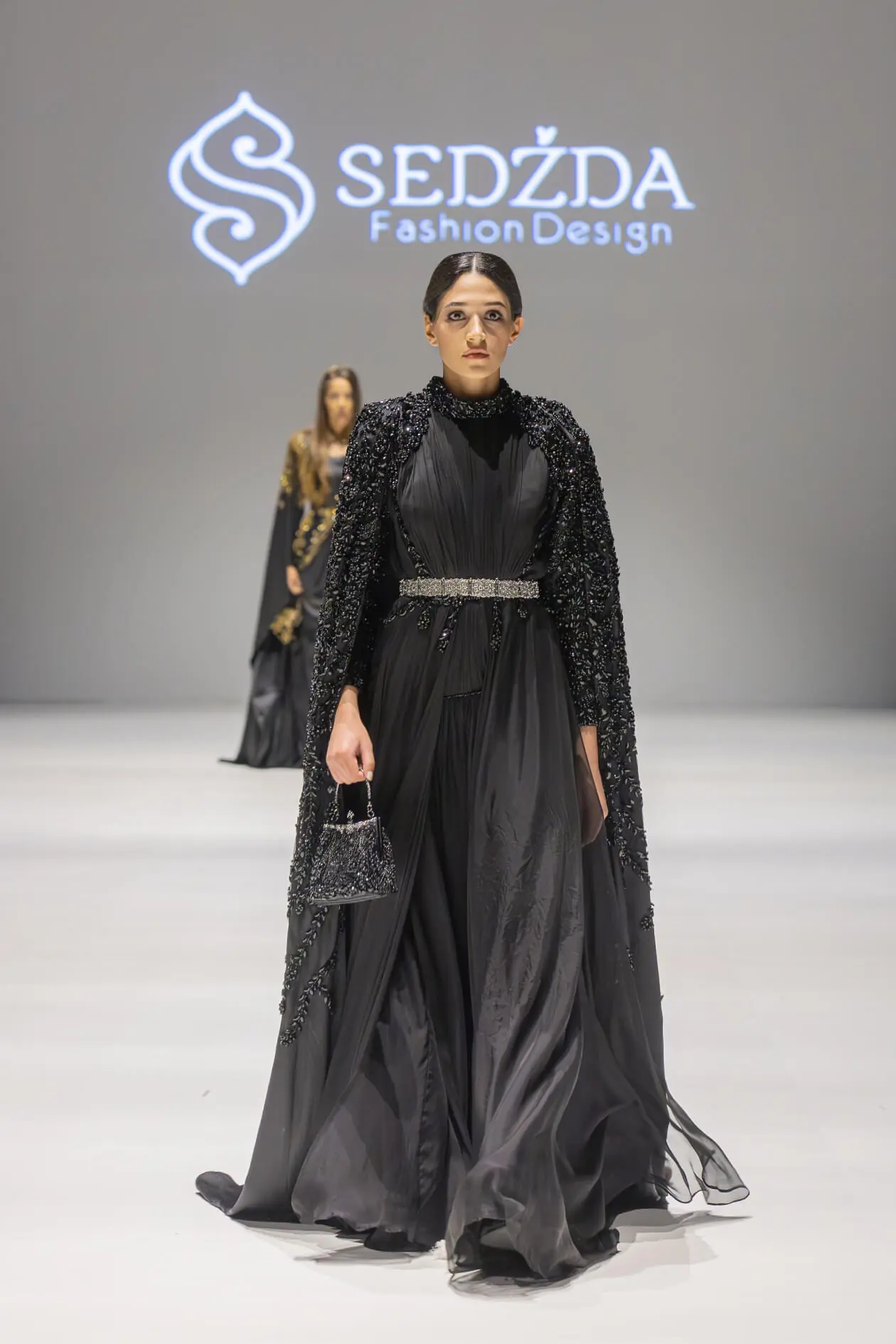Moonlit Gem Embellished Silk Gown – Black