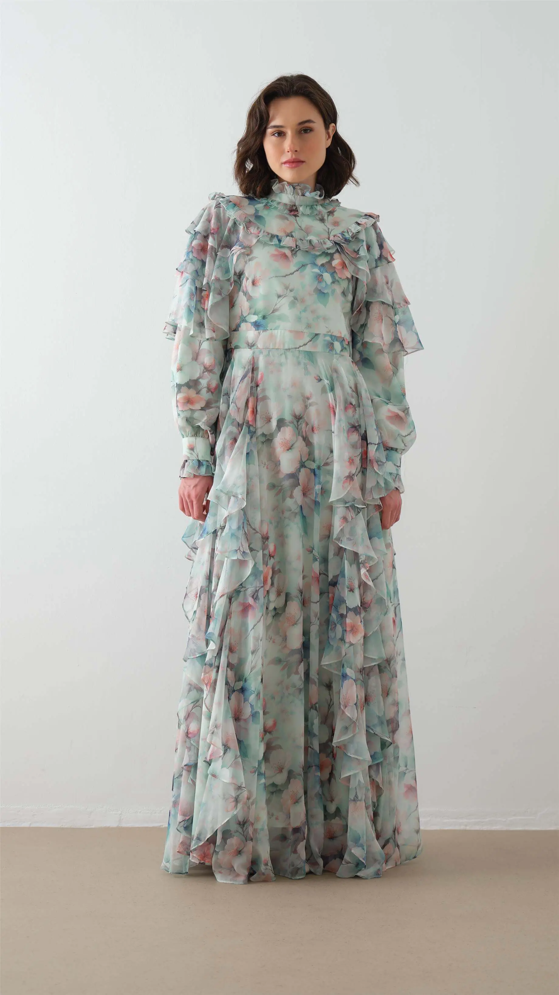 Gathered Shoulder & Side-Ruffle Dress - Mint