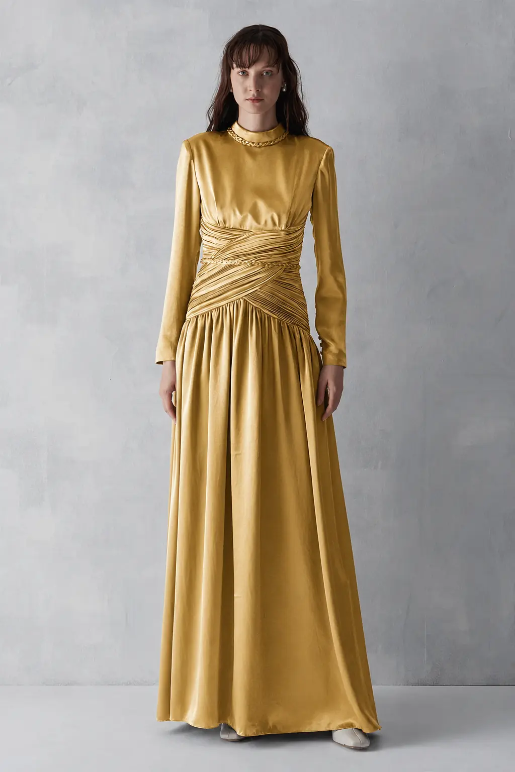 Ruched Waist Draped Long Evening Dress - Gold