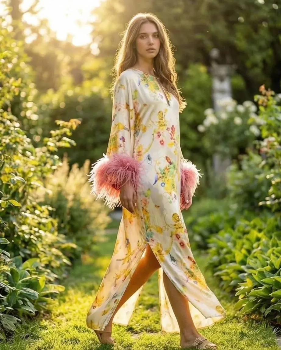Azzurra Silk Floral & Animalier Feather Cuff Kaftan – Ivory, photo 2