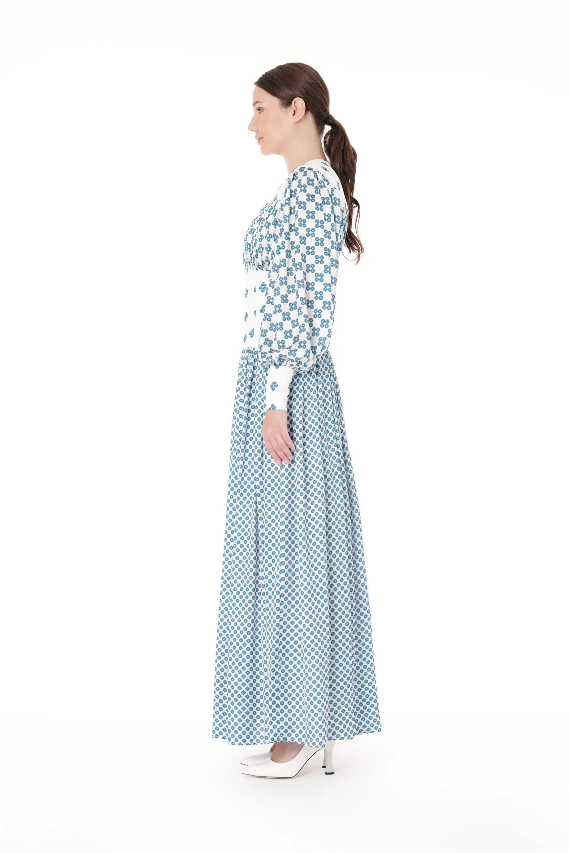 Embroidered Corset-Waist Printed Dress – Blue, photo 2