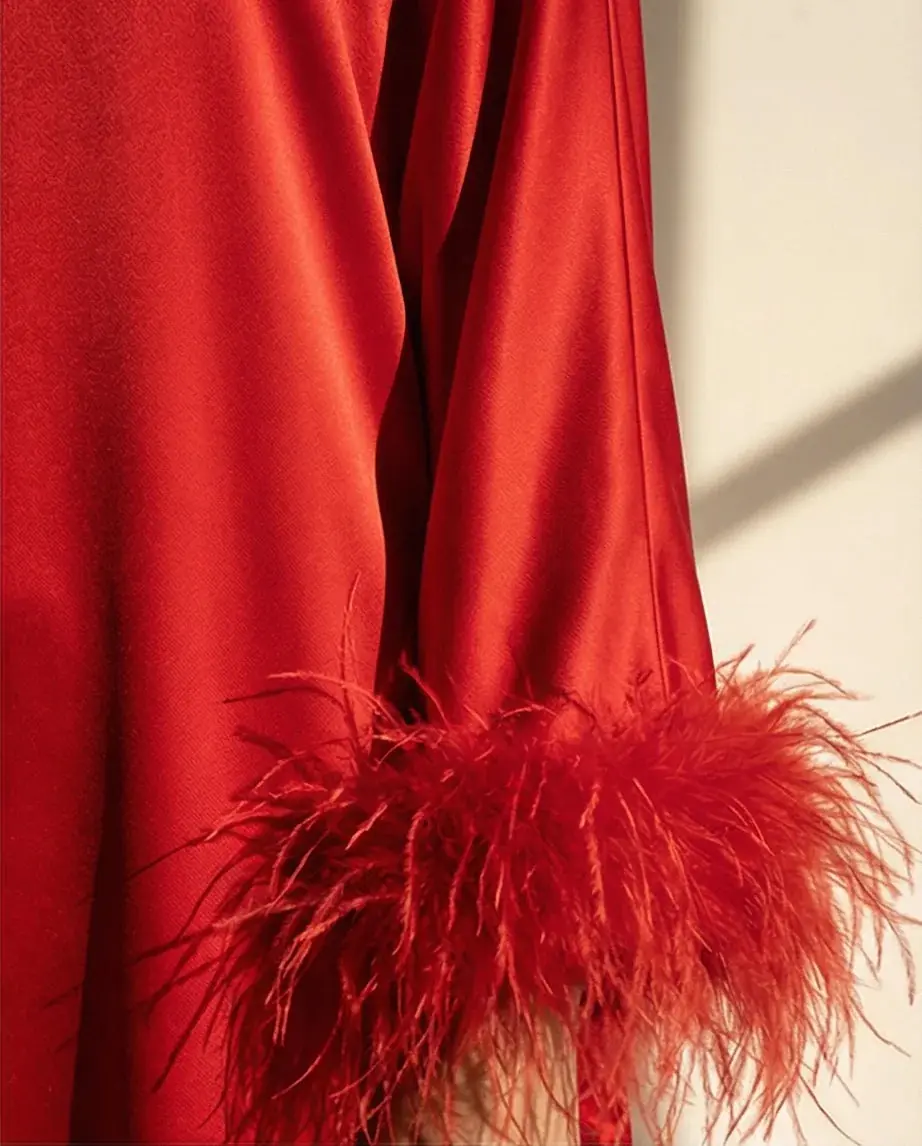 Abito Azzurra Feather-Trimmed Maxi Kaftan Dress – Red, photo 3