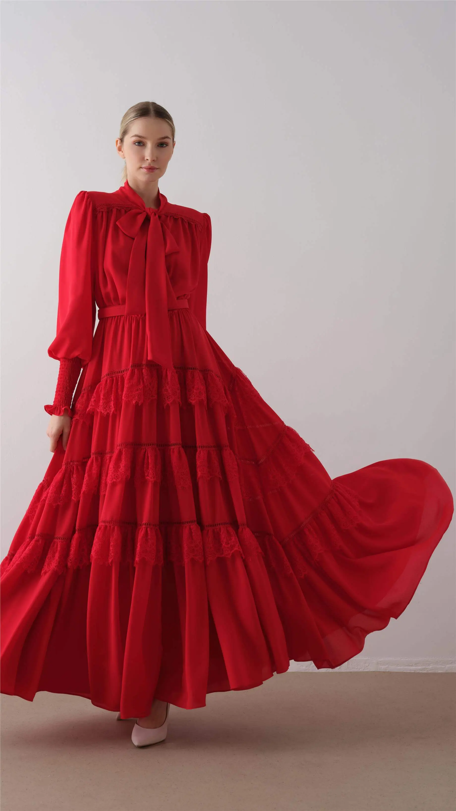 Tiered Ruffle Long Dress – Red, photo 2