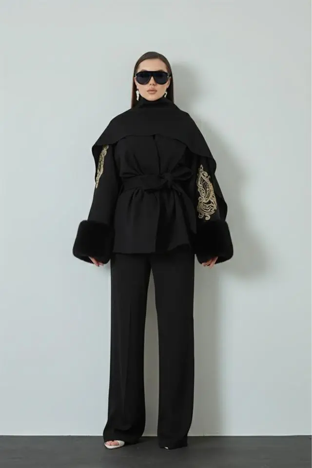 Redefined Fur-Trim Cape Coat – Black