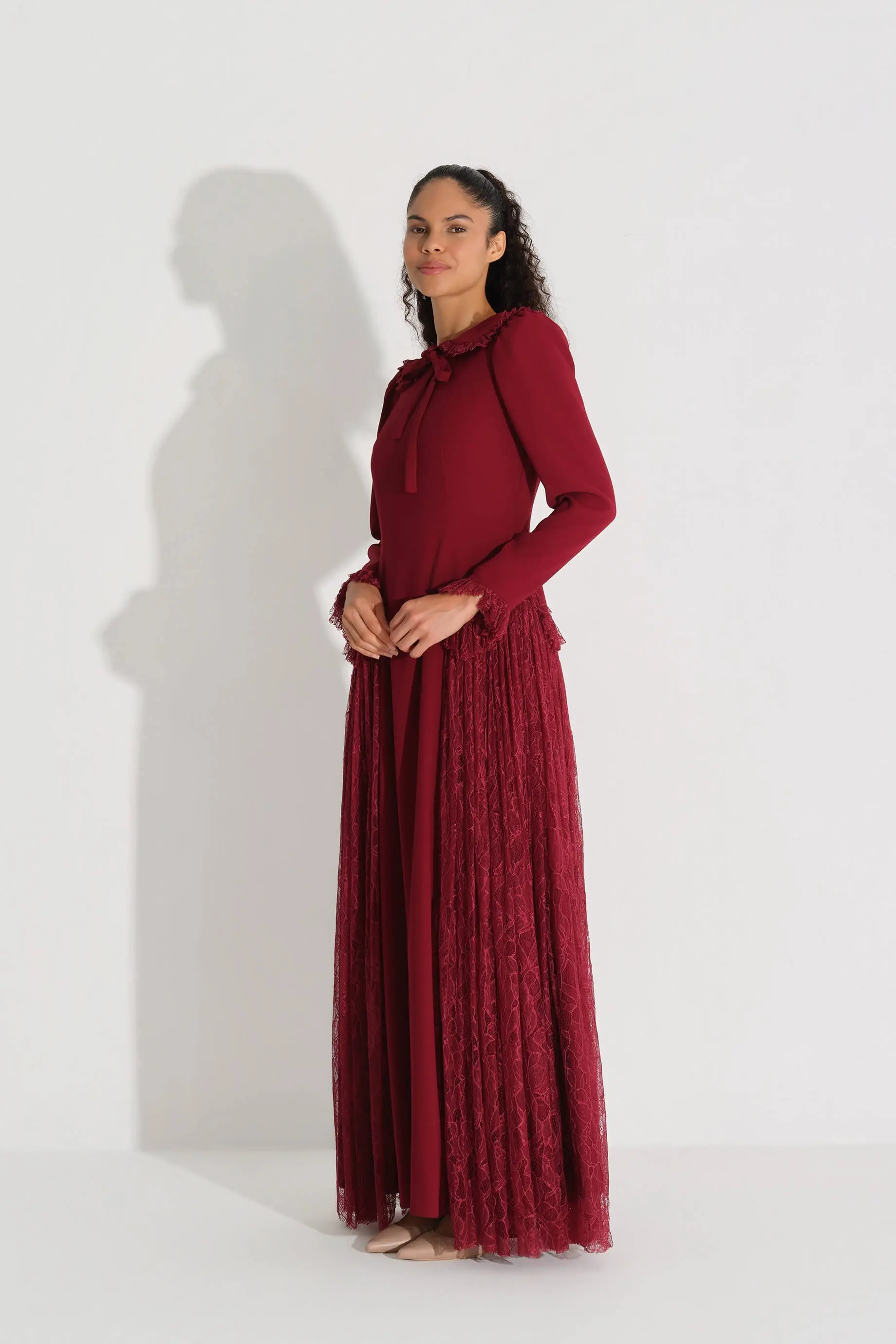 Lace-Trim Crepe Dress – Bordeaux, photo 4