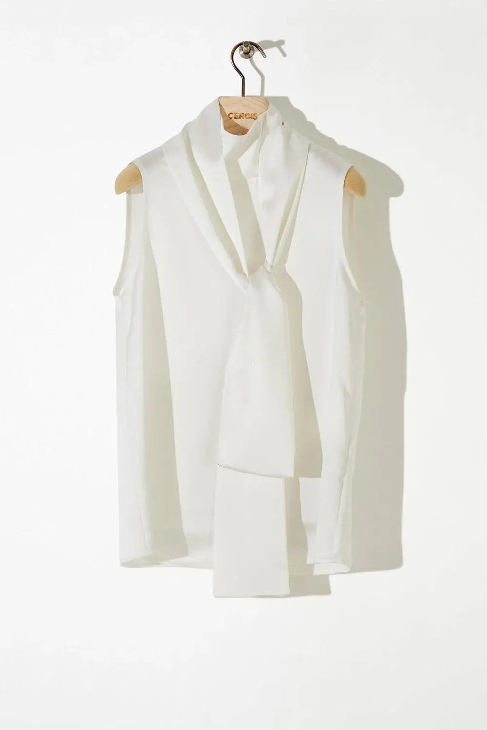 Sleeveless Satin High-Neck Tie-Detail Blouse – Ecru, photo 3