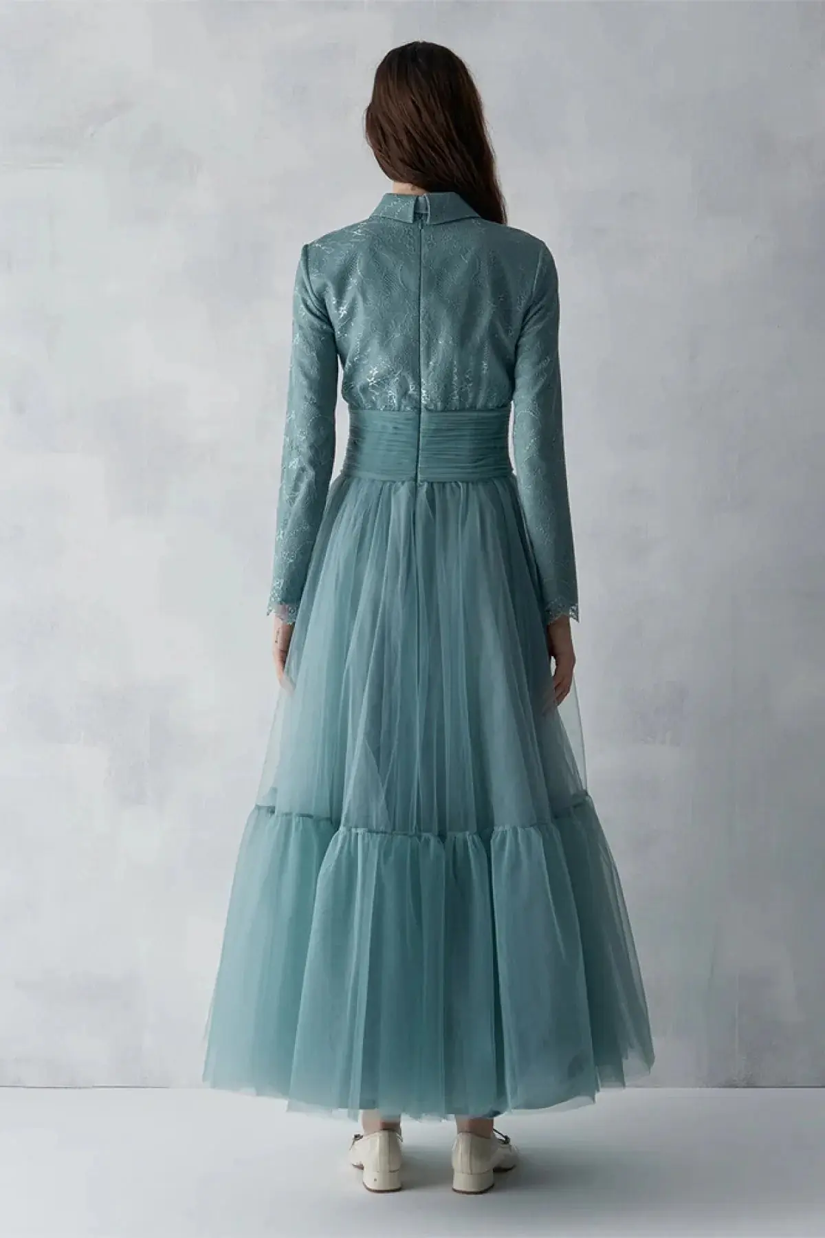 Satin Draped Long Evening Dress with Pleated Skirt - Mint, photo 4