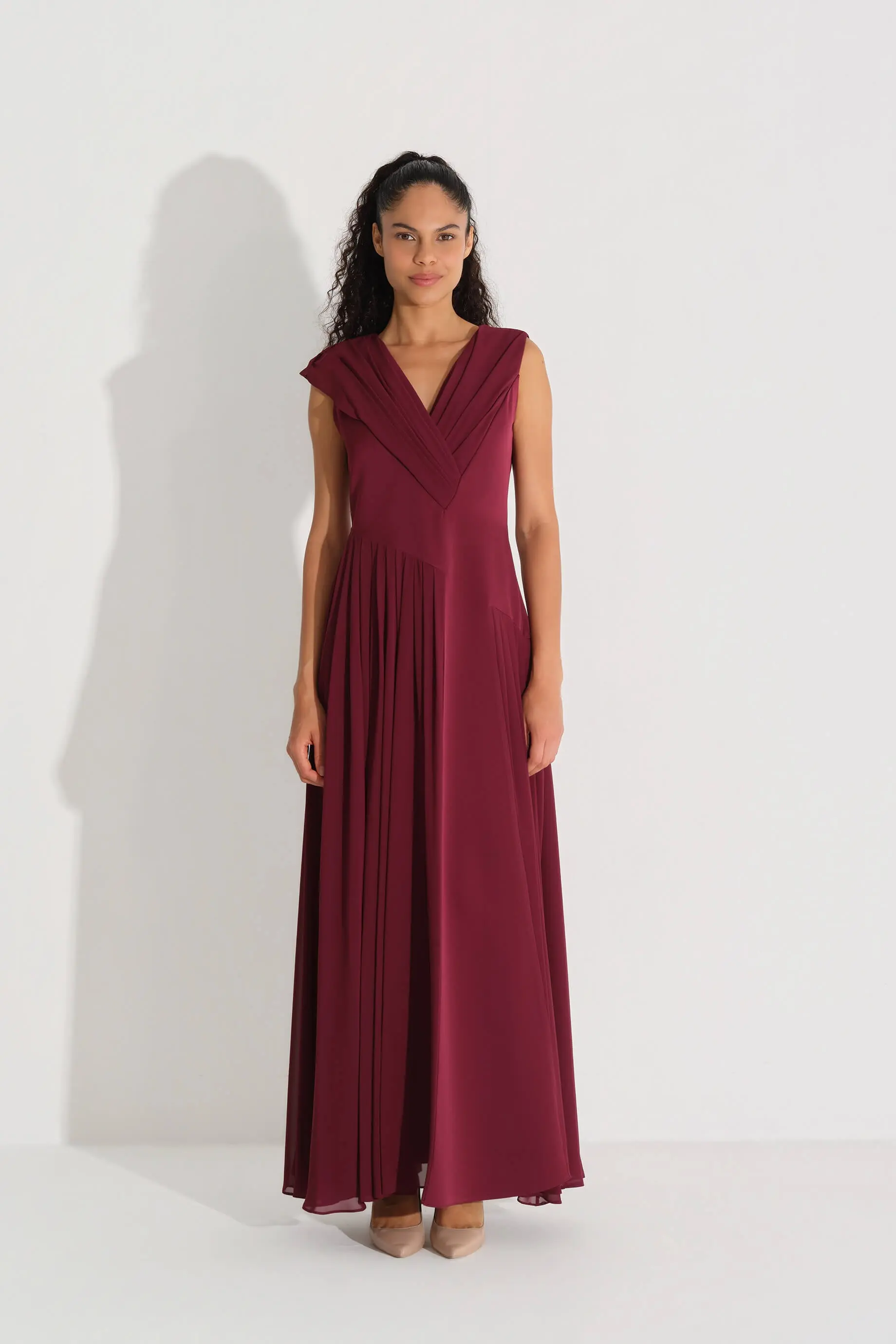 V-Neck Pleated Chiffon Dress – Bordeaux