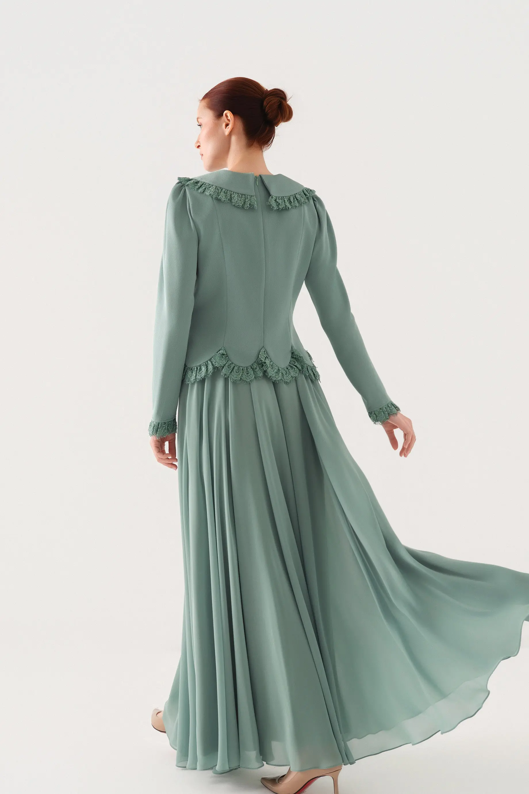 Peter Pan Collar Blouse and Lace-Trim Skirt Set – Green, photo 5