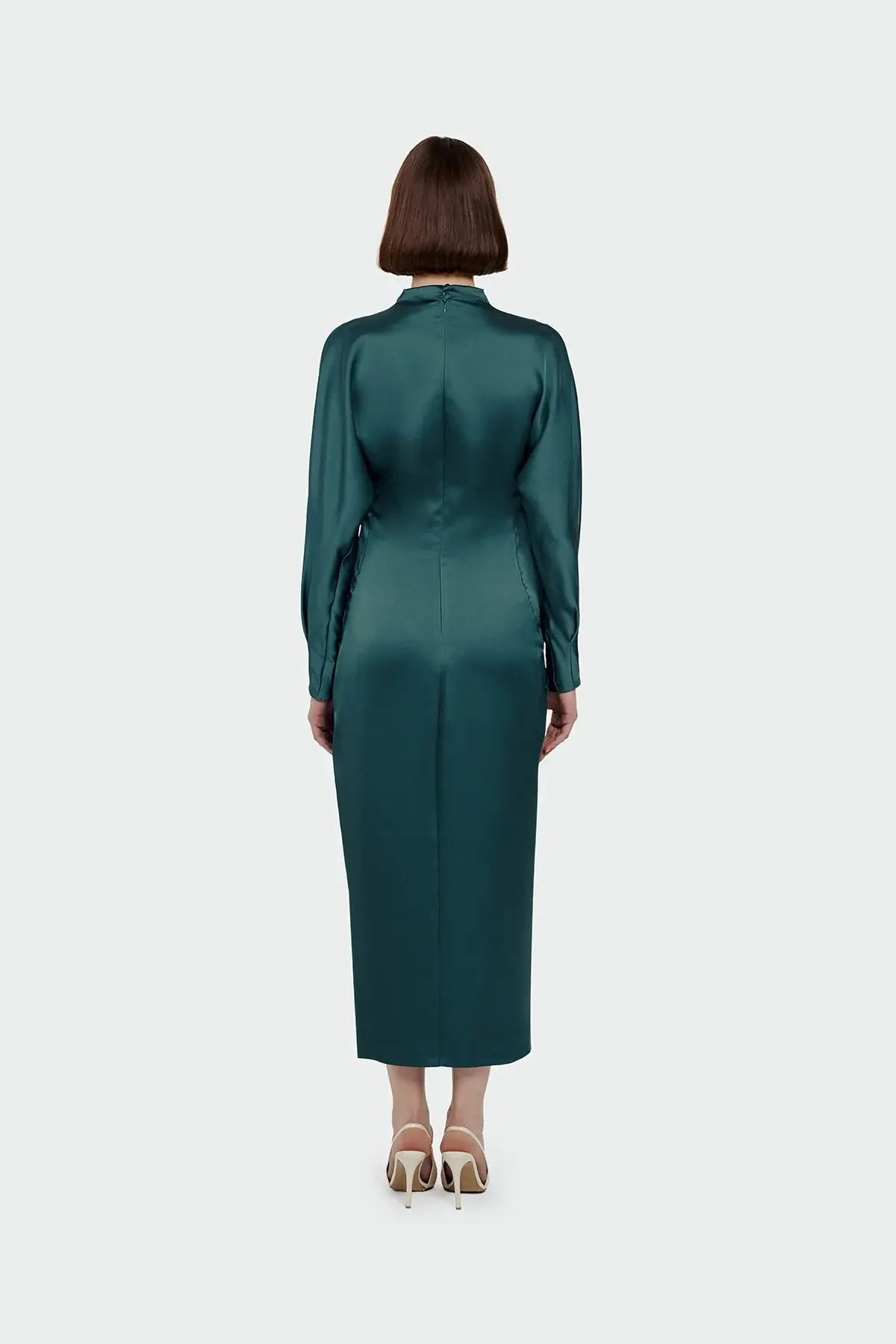 Ruched Waist Satin Midi Dress - Emerald, photo 4