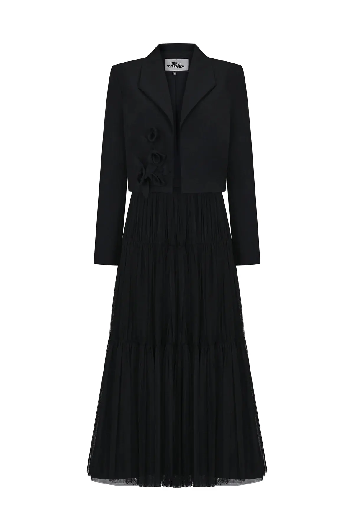 Rose Appliqué Cropped Blazer – Black