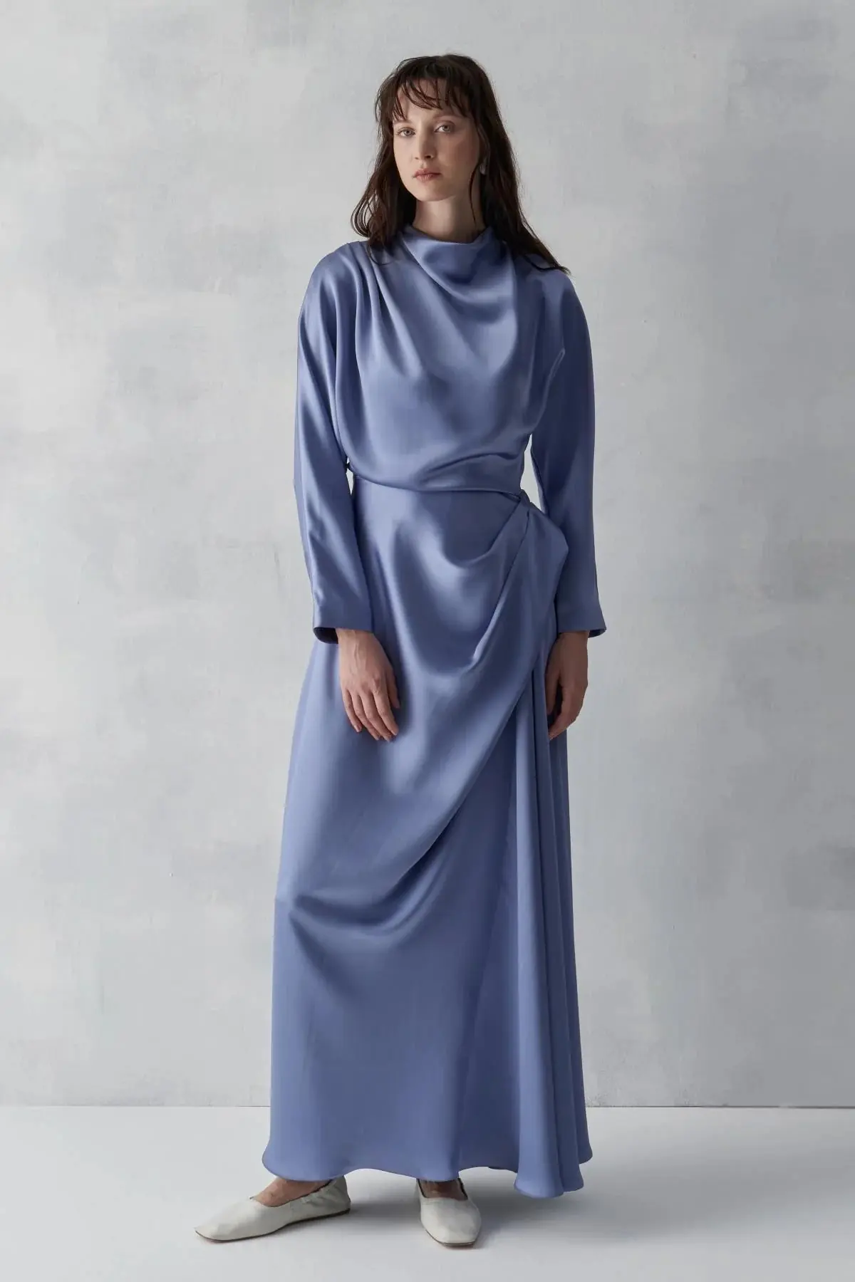 Asymmetric Draped High-Neck Satin Long Evening Dress - Blue, photo 1
