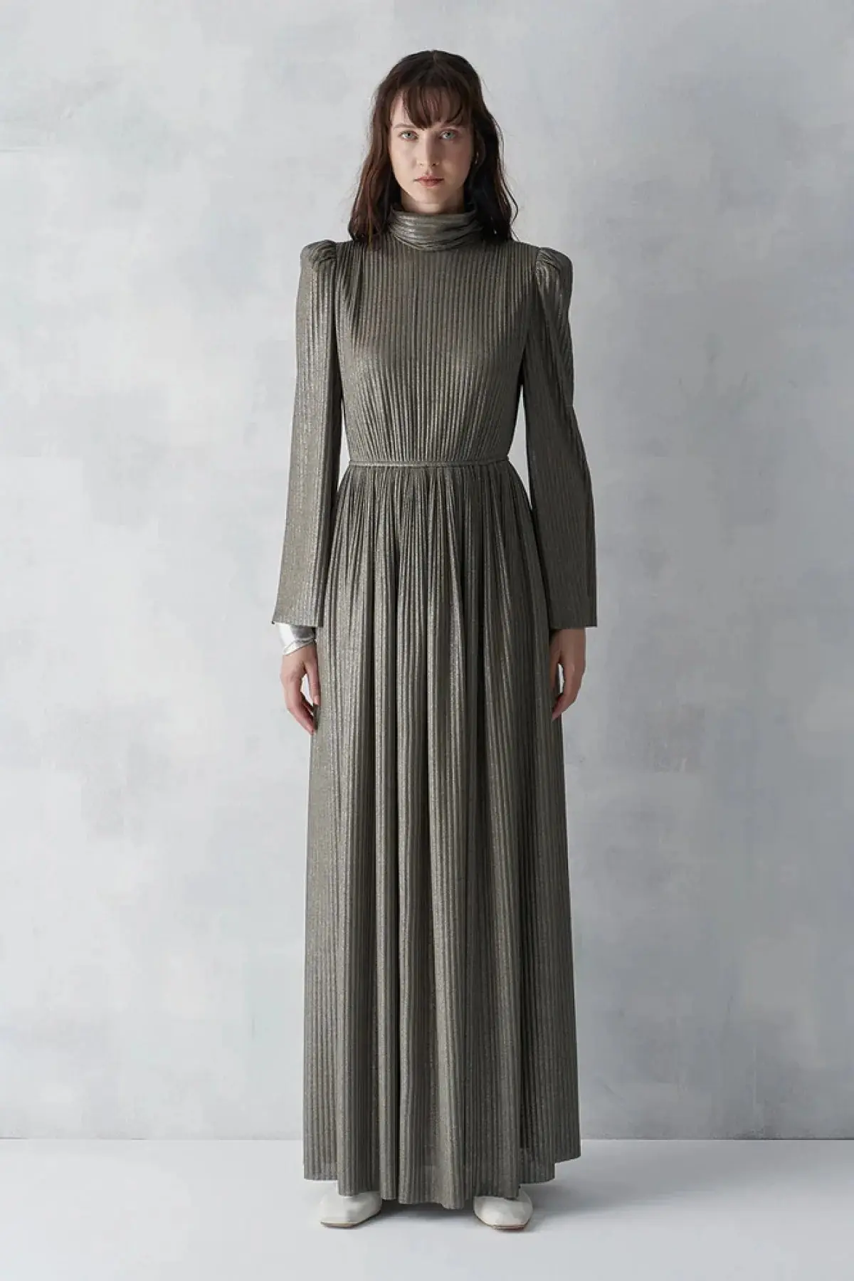 Metallic Ribbed Belted Evening Gown – Khaki, photo 4