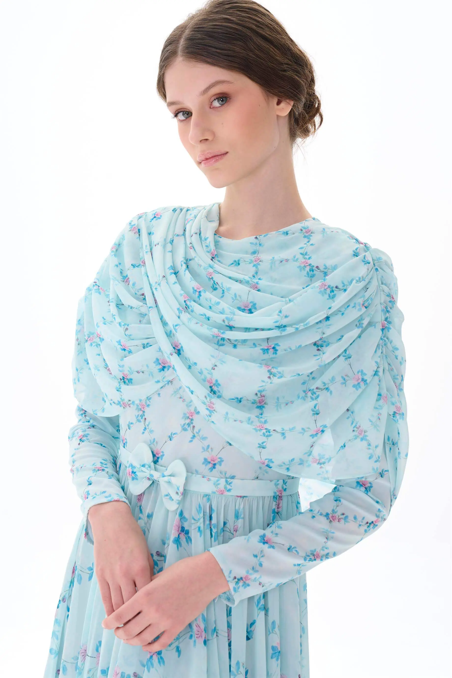 Cape-Detail Long Dress – Blue, photo 4