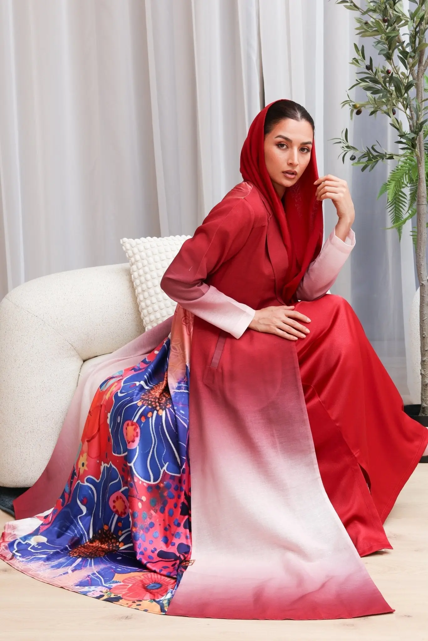 Ruh Ishq | Red Ombré Abaya with Silk Floral Back abaya, photo 6