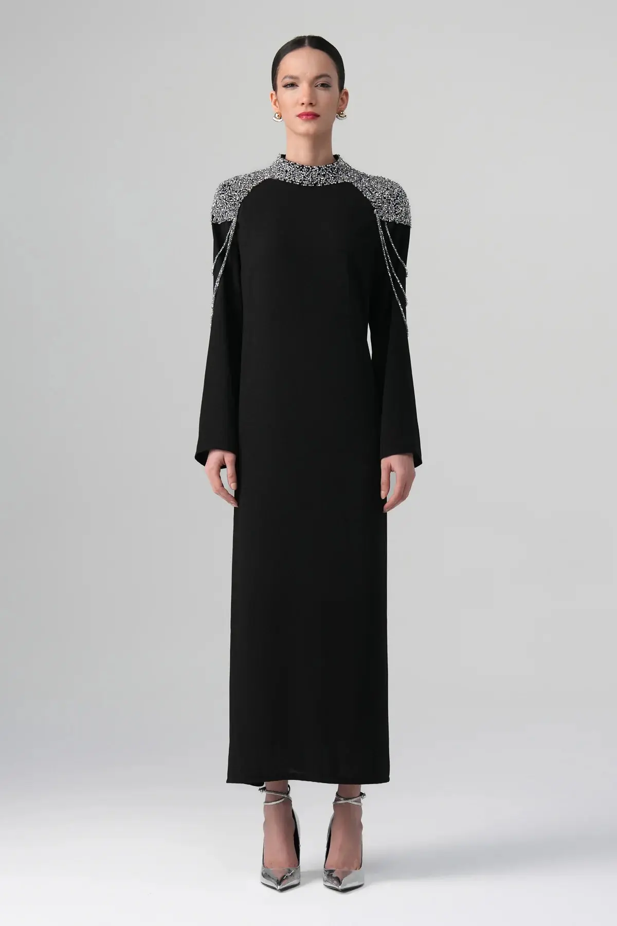 Mirella Crystal Draped Shoulder Dress – Black, photo 4