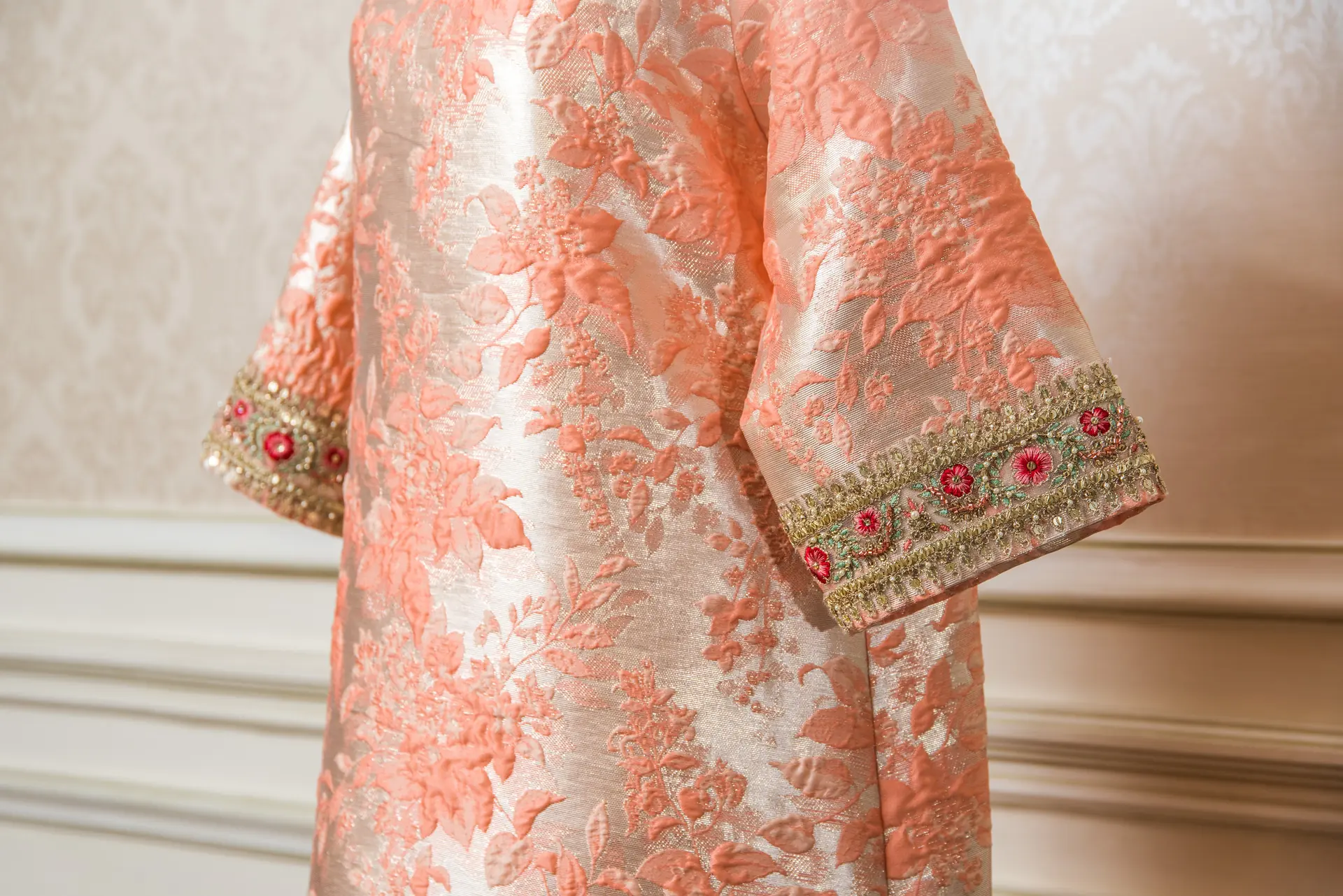 Peach & Gold Maharaja Jacquard Silk Kaftan with Embroidery, photo 2