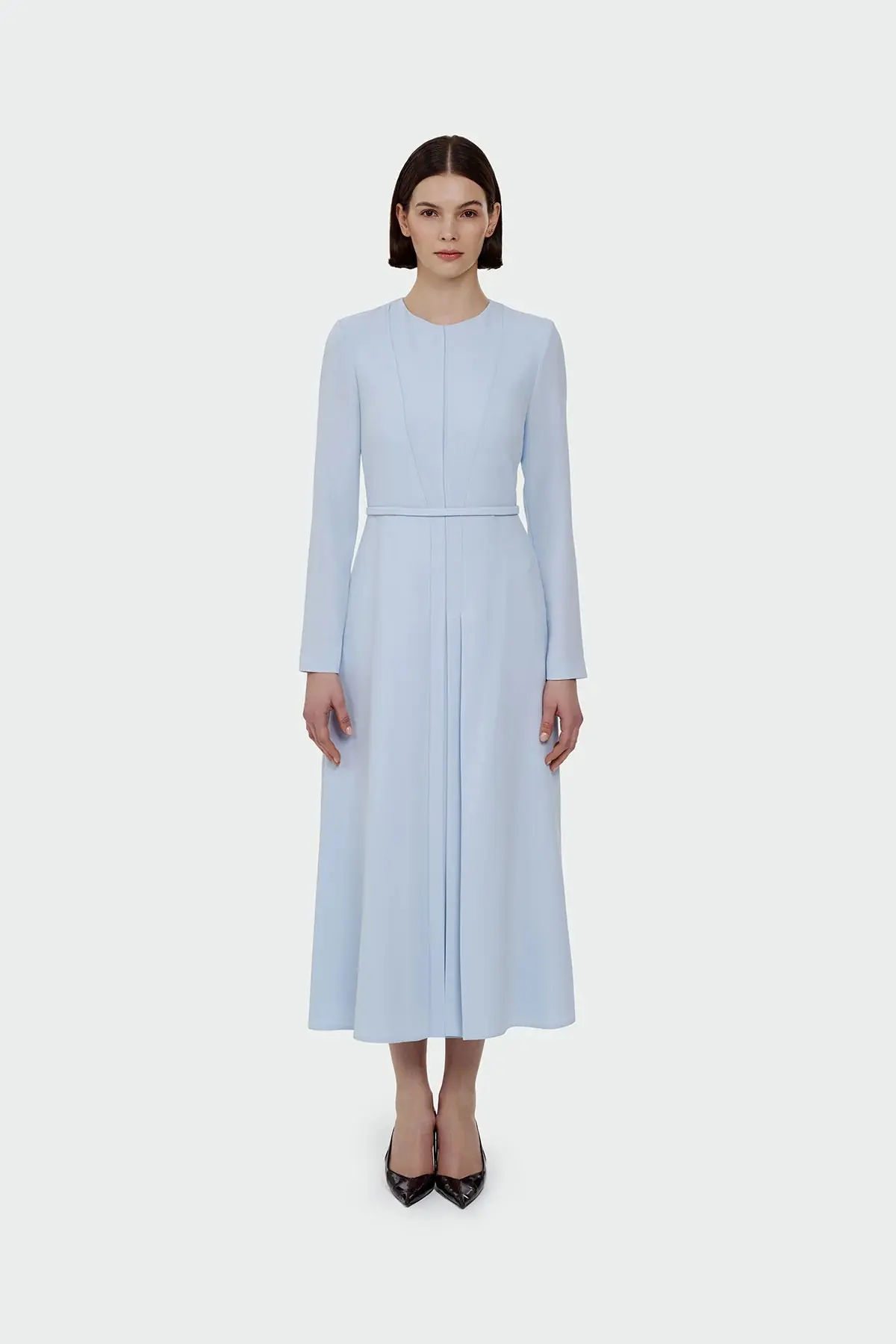 Pleated Belted Maxi Dress – Light Blue