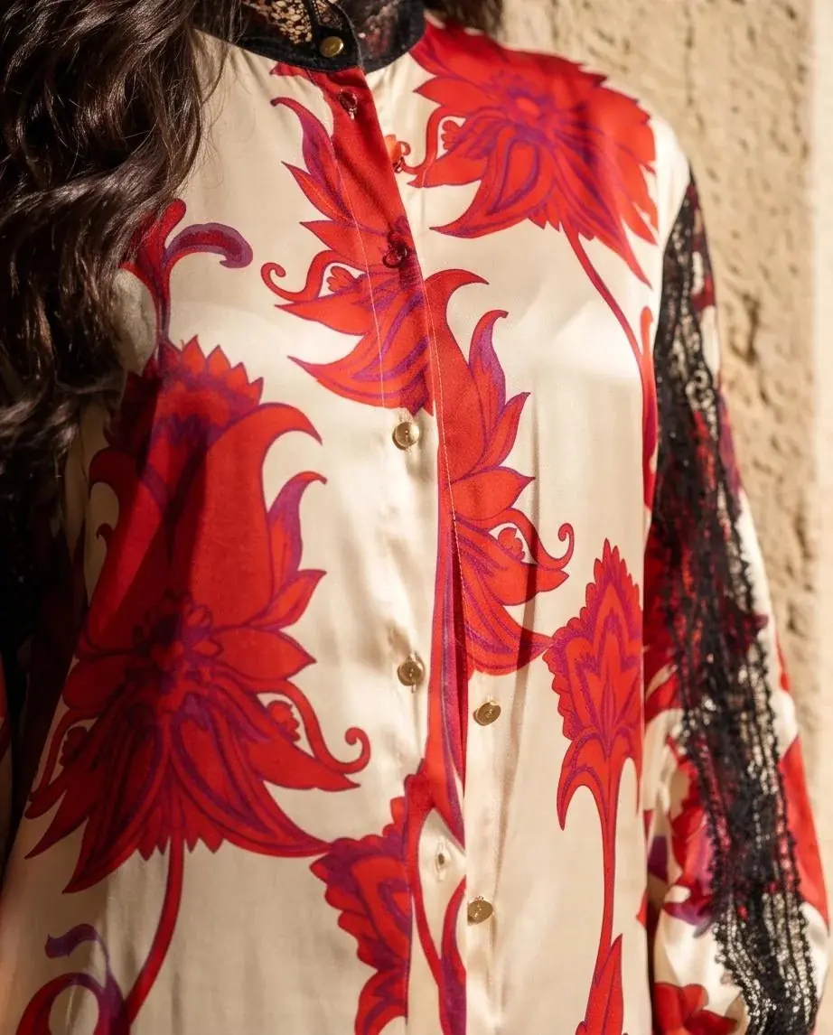 Glenda Floral Silk Maxi Shirt Dress with Lace Inserts - Ivory, photo 2