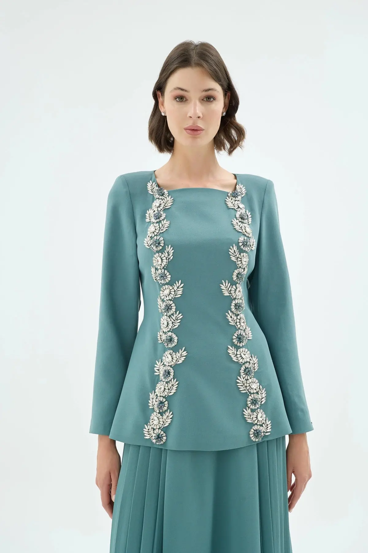 Eloya Stone-Embellished Square-Neck Blouse & Skirt Set - Blue, photo 2