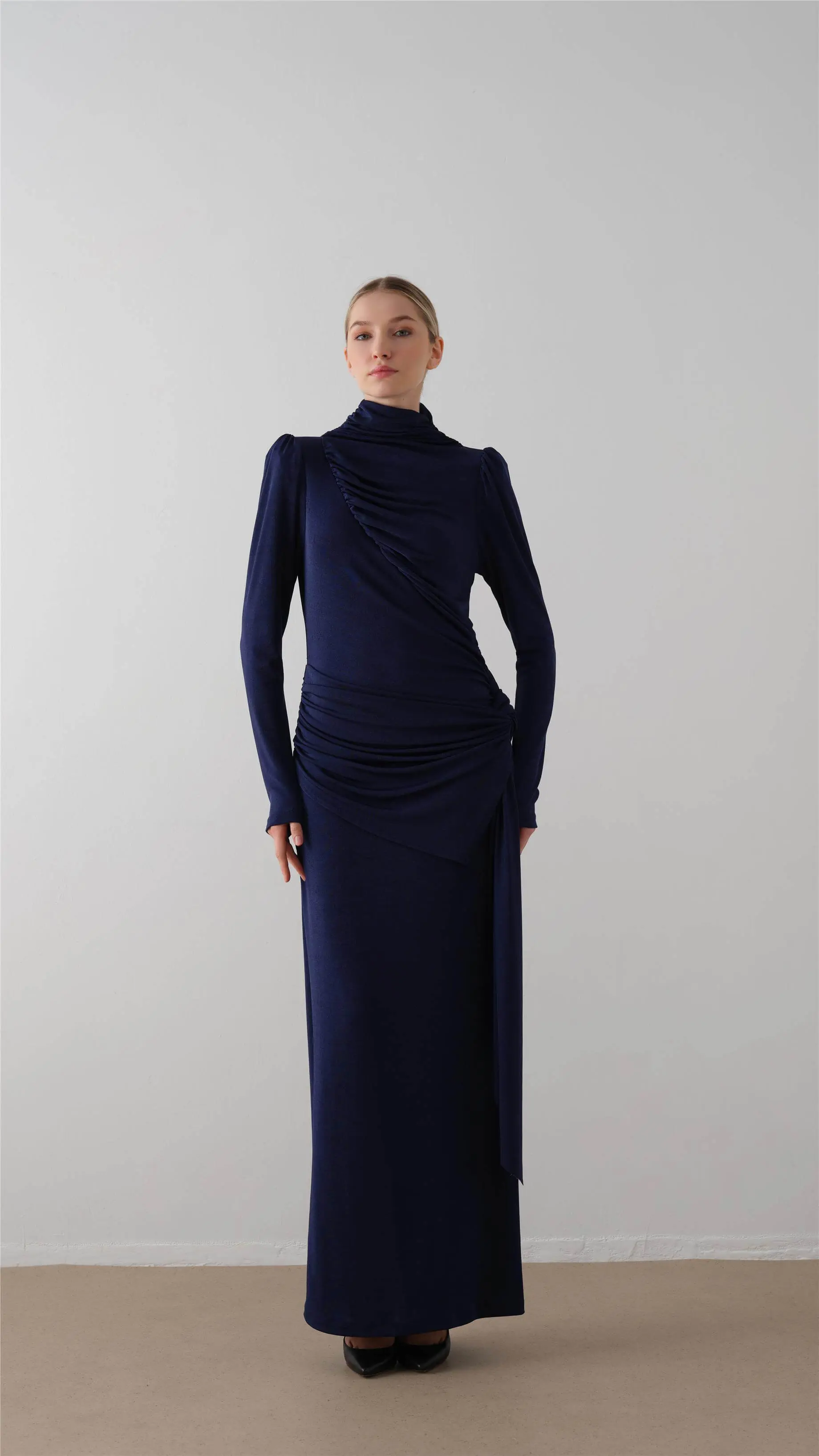 Ruched Turtleneck Dress – Navy