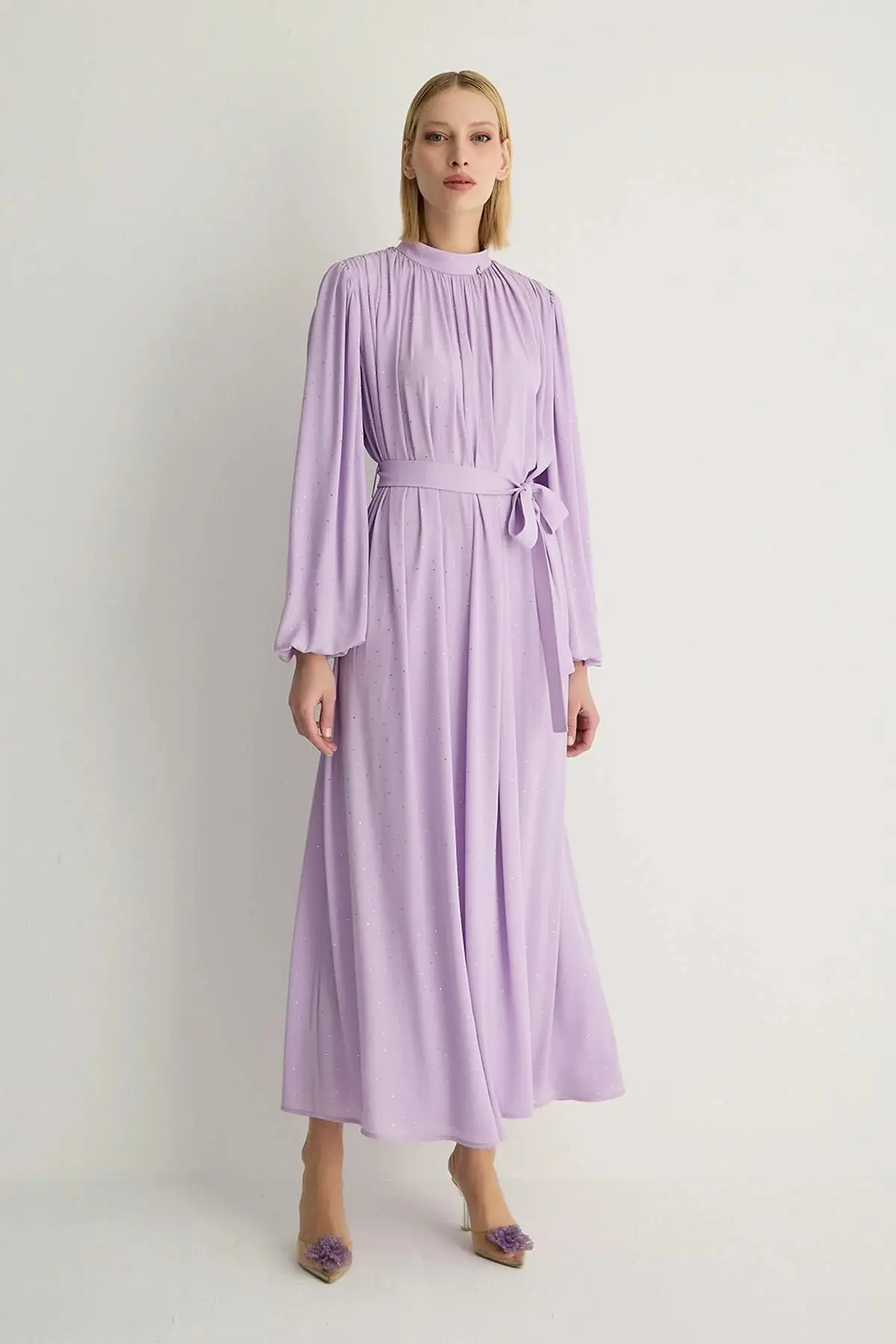 Veluna Embellished Pleated Dress – Lilac