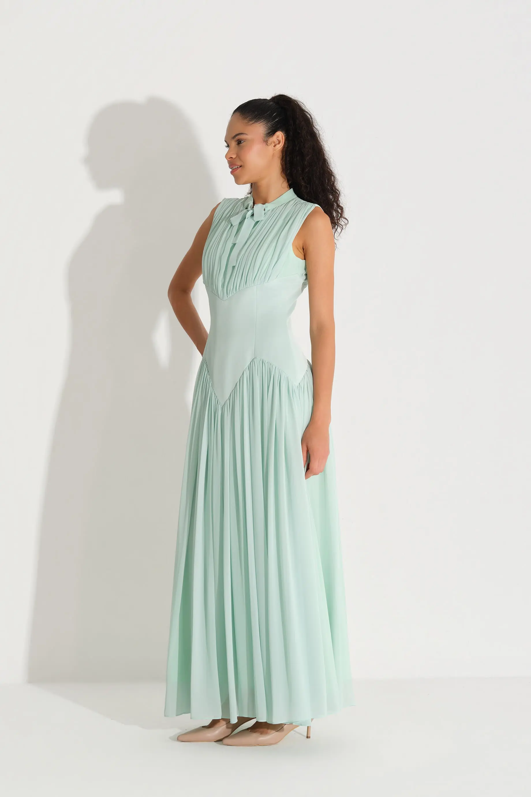 Bow-Neck Corset-Detail Chiffon Dress - Mint, photo 4