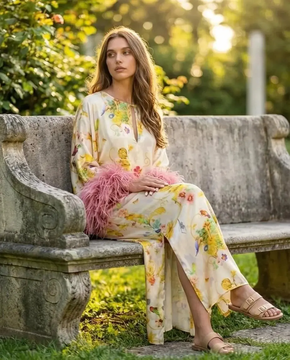 Azzurra Silk Floral & Animalier Feather Cuff Kaftan – Ivory, photo 3